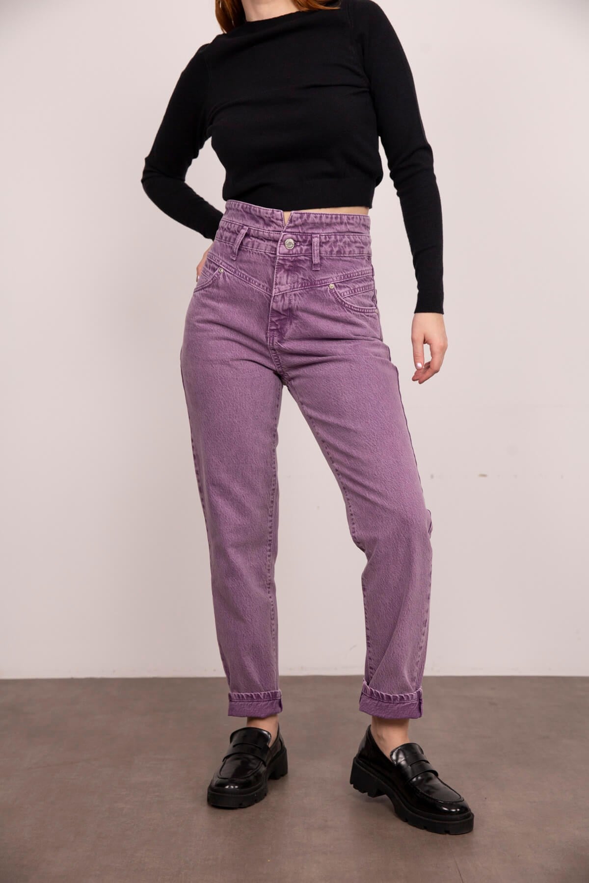Lila Yüksek Bel Detaylı Mom Jean