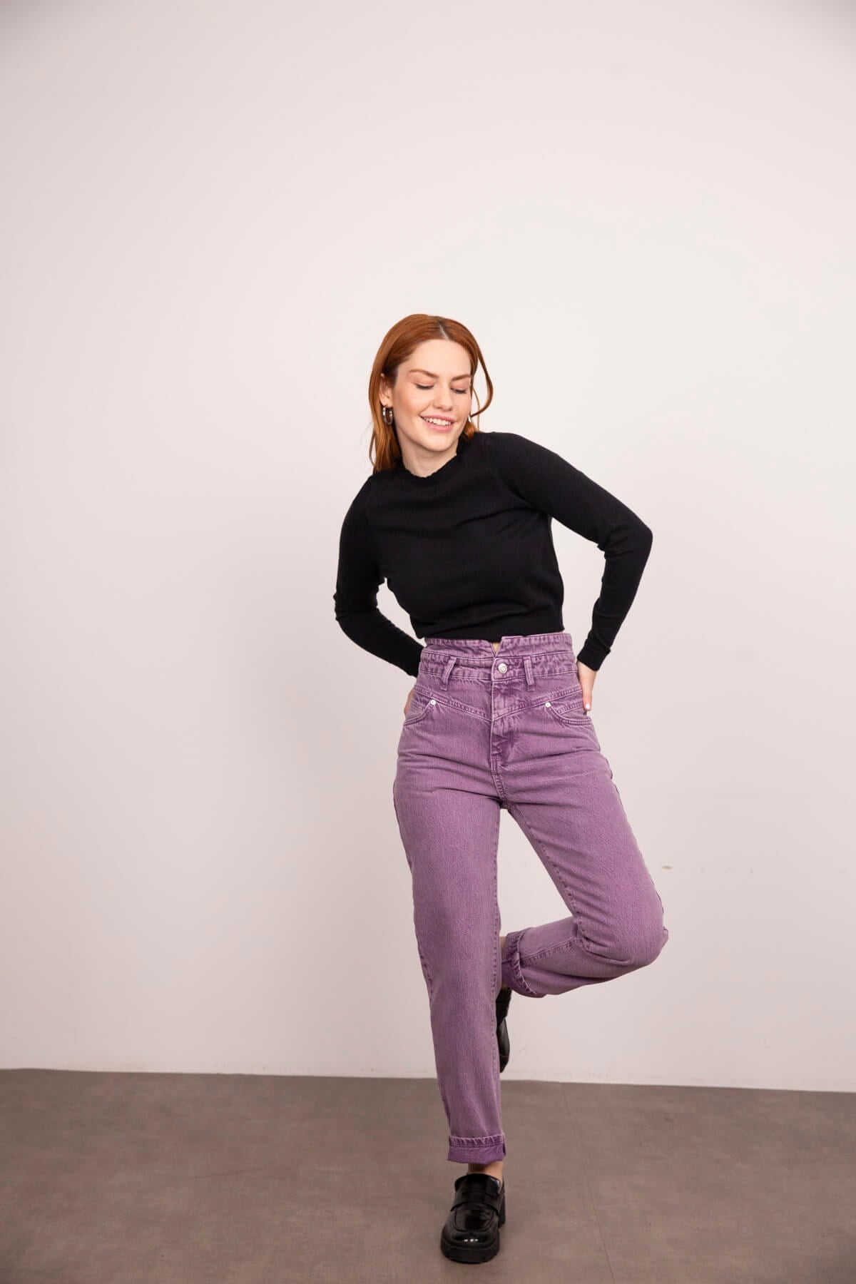 Lila Yüksek Bel Detaylı Mom Jean