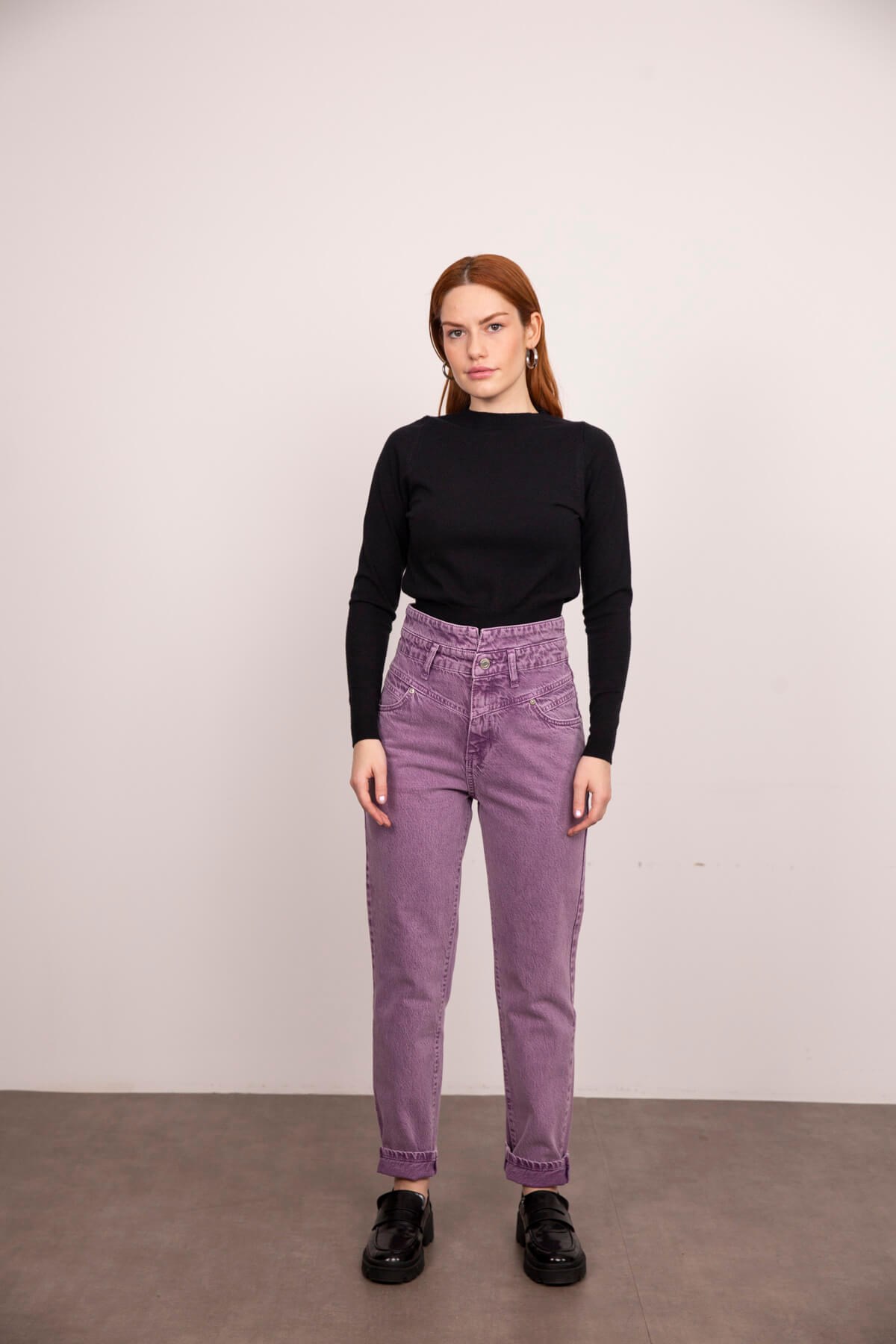 Lila Yüksek Bel Detaylı Mom Jean