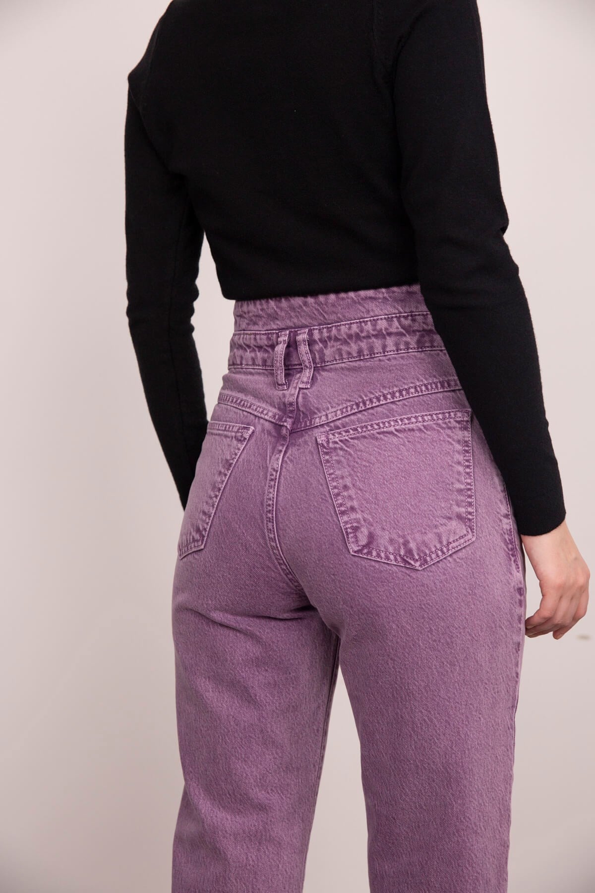 Lila Yüksek Bel Detaylı Mom Jean