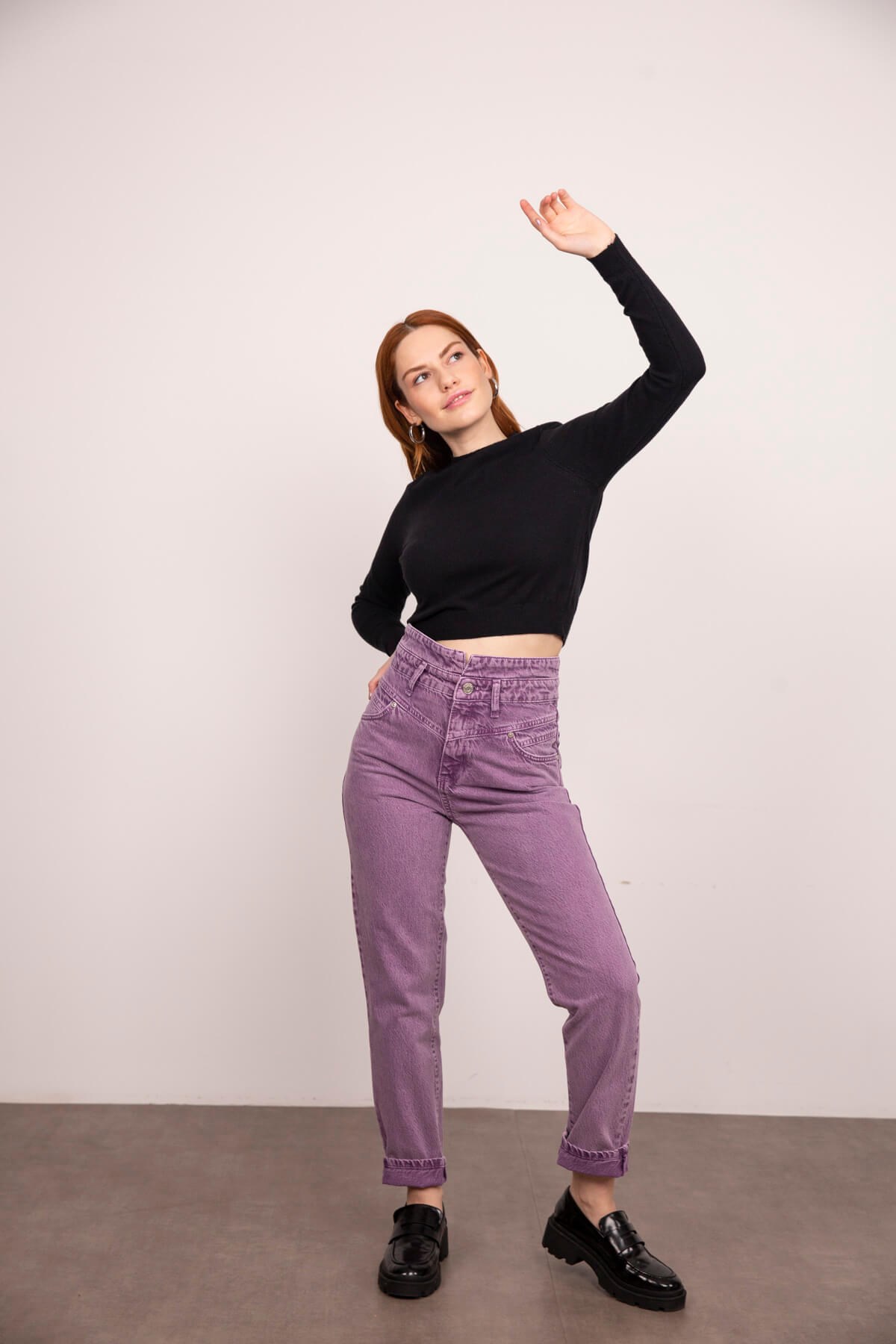 Lila Yüksek Bel Detaylı Mom Jean
