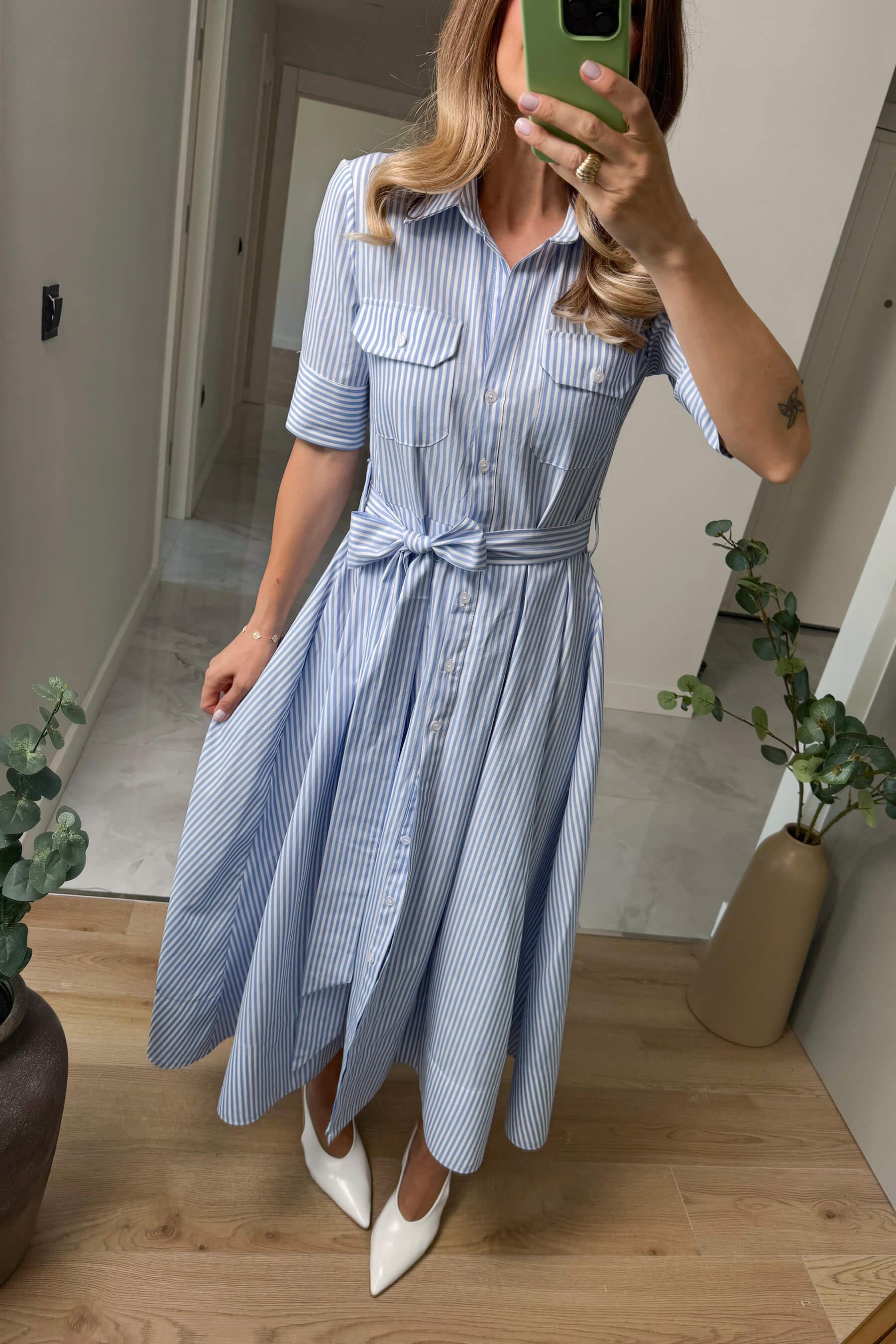 Mavi Beyaz Çizgili Kuşaklı Cepli Maxi Boy Gömlek Elbise