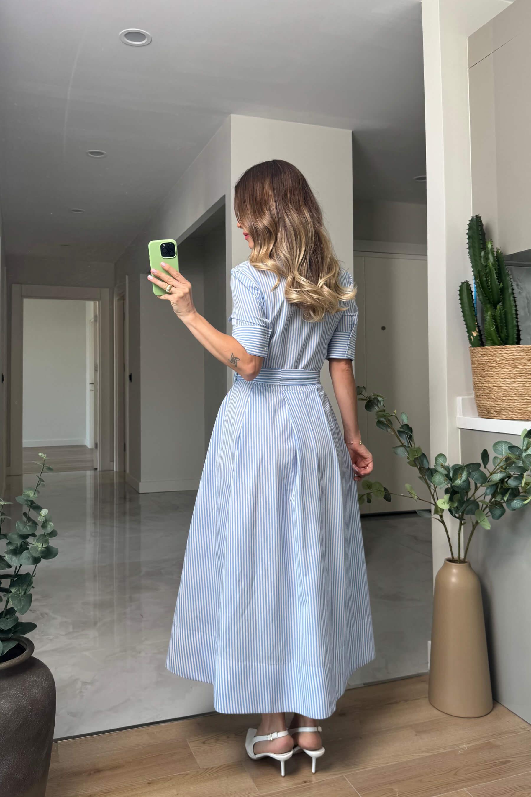 Mavi Beyaz Çizgili Kuşaklı Cepli Maxi Boy Gömlek Elbise