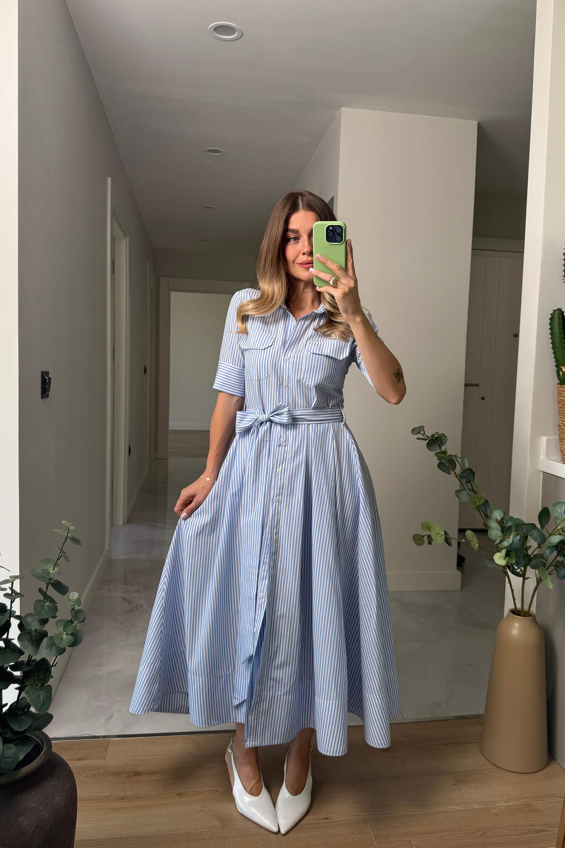 Mavi Beyaz Çizgili Kuşaklı Cepli Maxi Boy Gömlek Elbise