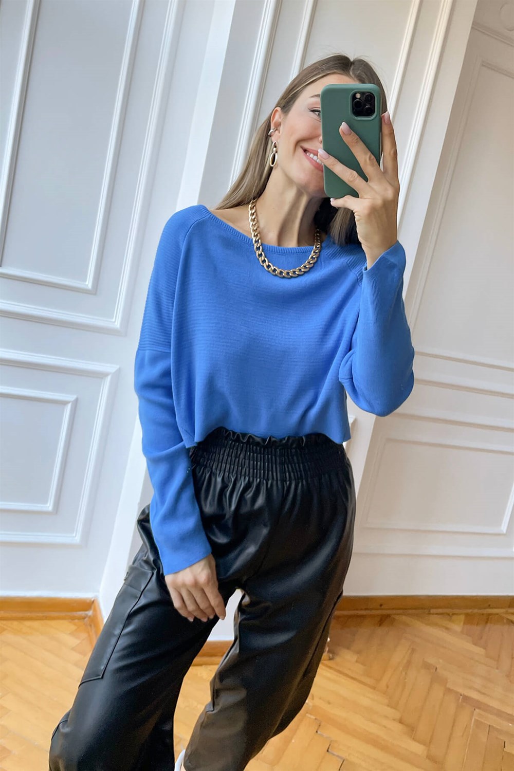 Mavi Bisiklet Yaka Crop Kazak