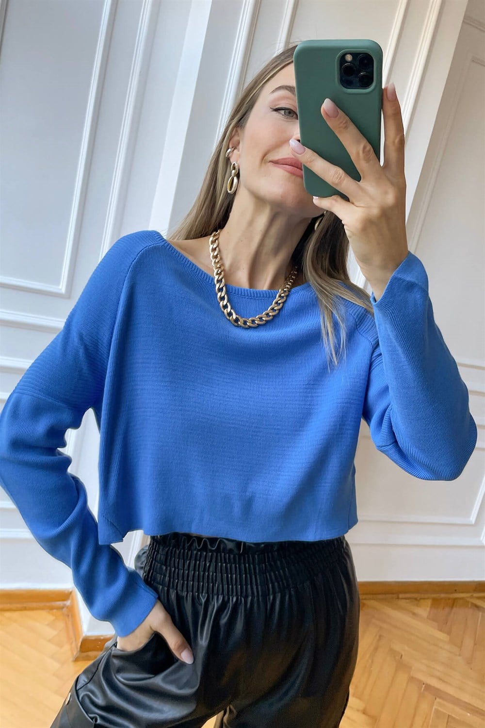 Mavi Bisiklet Yaka Crop Kazak