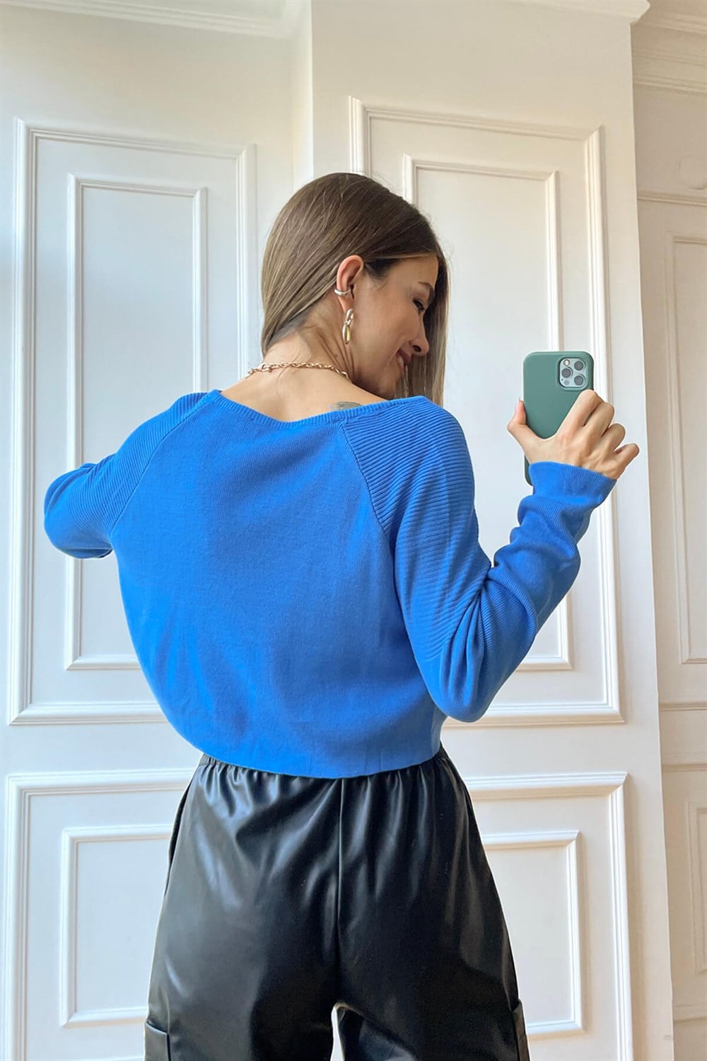 Mavi Bisiklet Yaka Crop Kazak