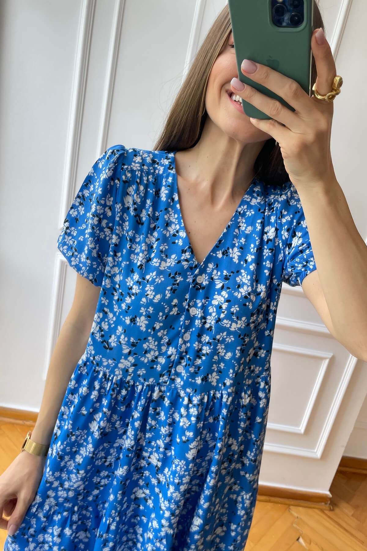 Mavi Çıtır Desen Kolları Lastikli Elbise
