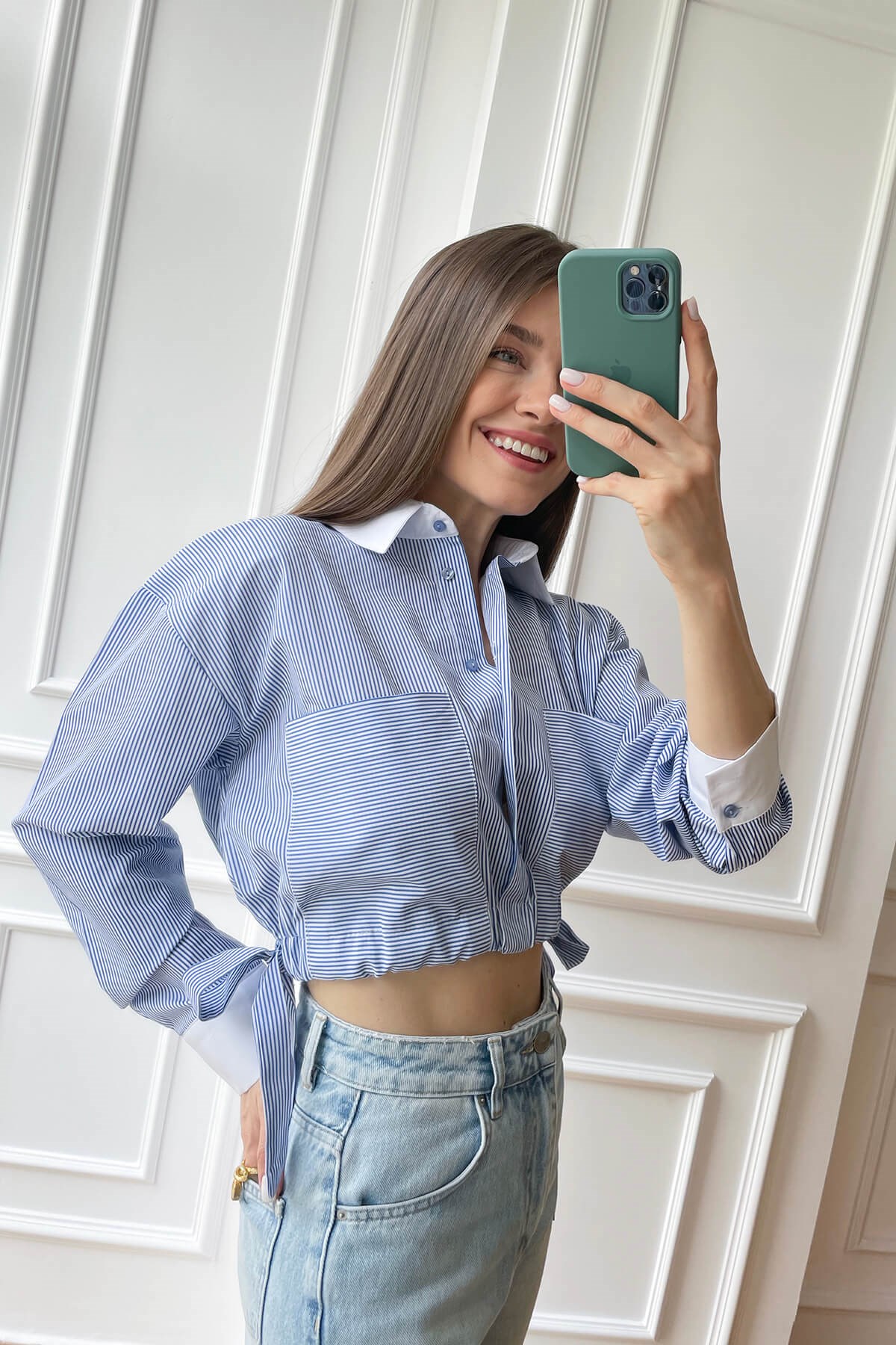 Mavi Çizgili Crop Gömlek