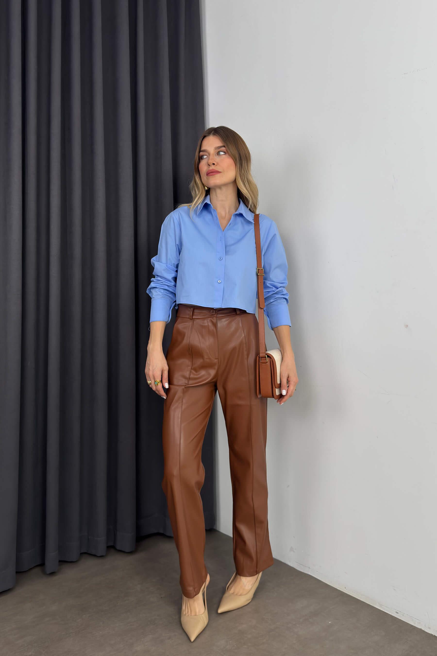 Mavi Crop Poplin Gömlek