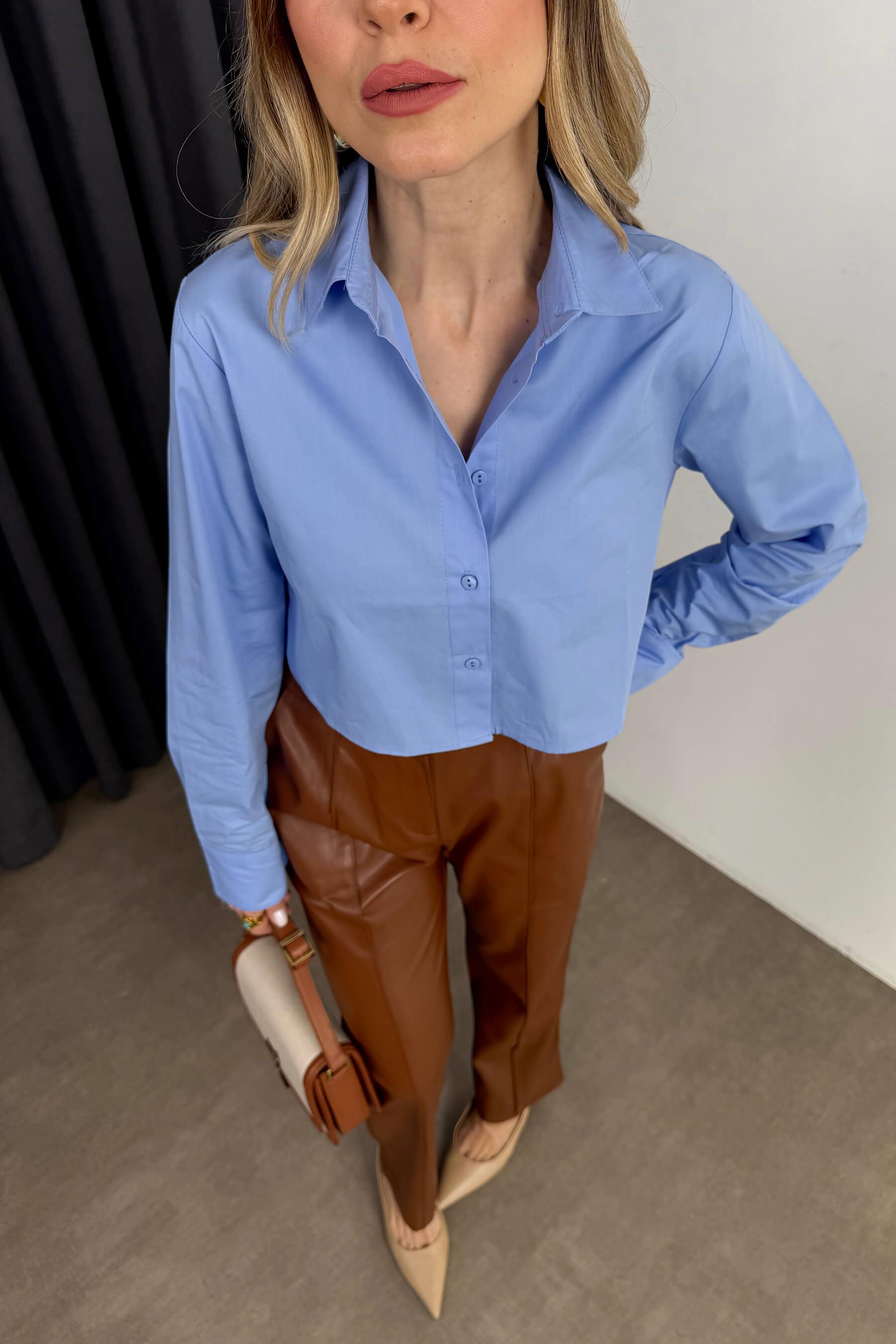 Mavi Crop Poplin Gömlek