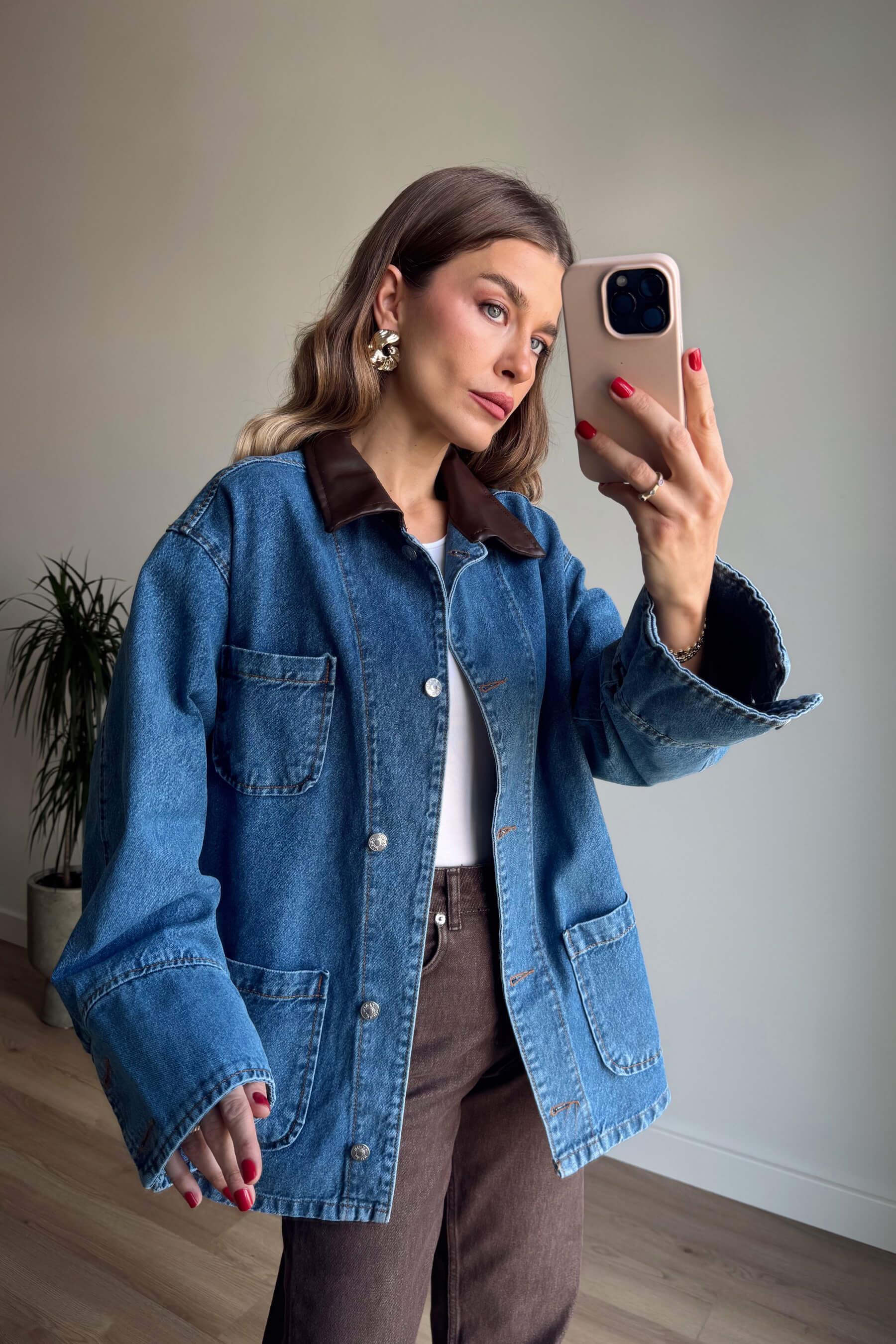 Mavi Deri Yakalı Denim Ceket