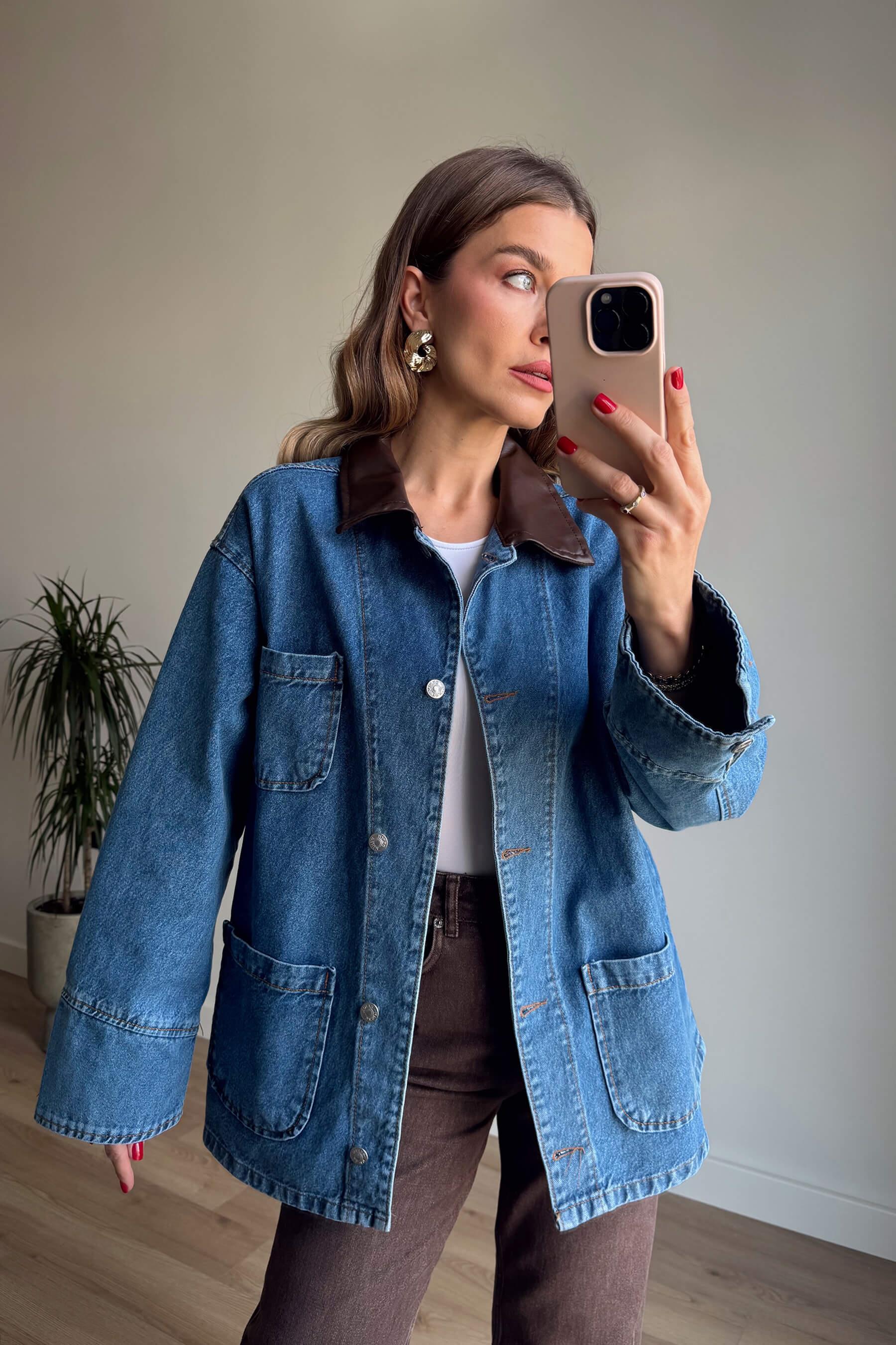 Mavi Deri Yakalı Denim Ceket