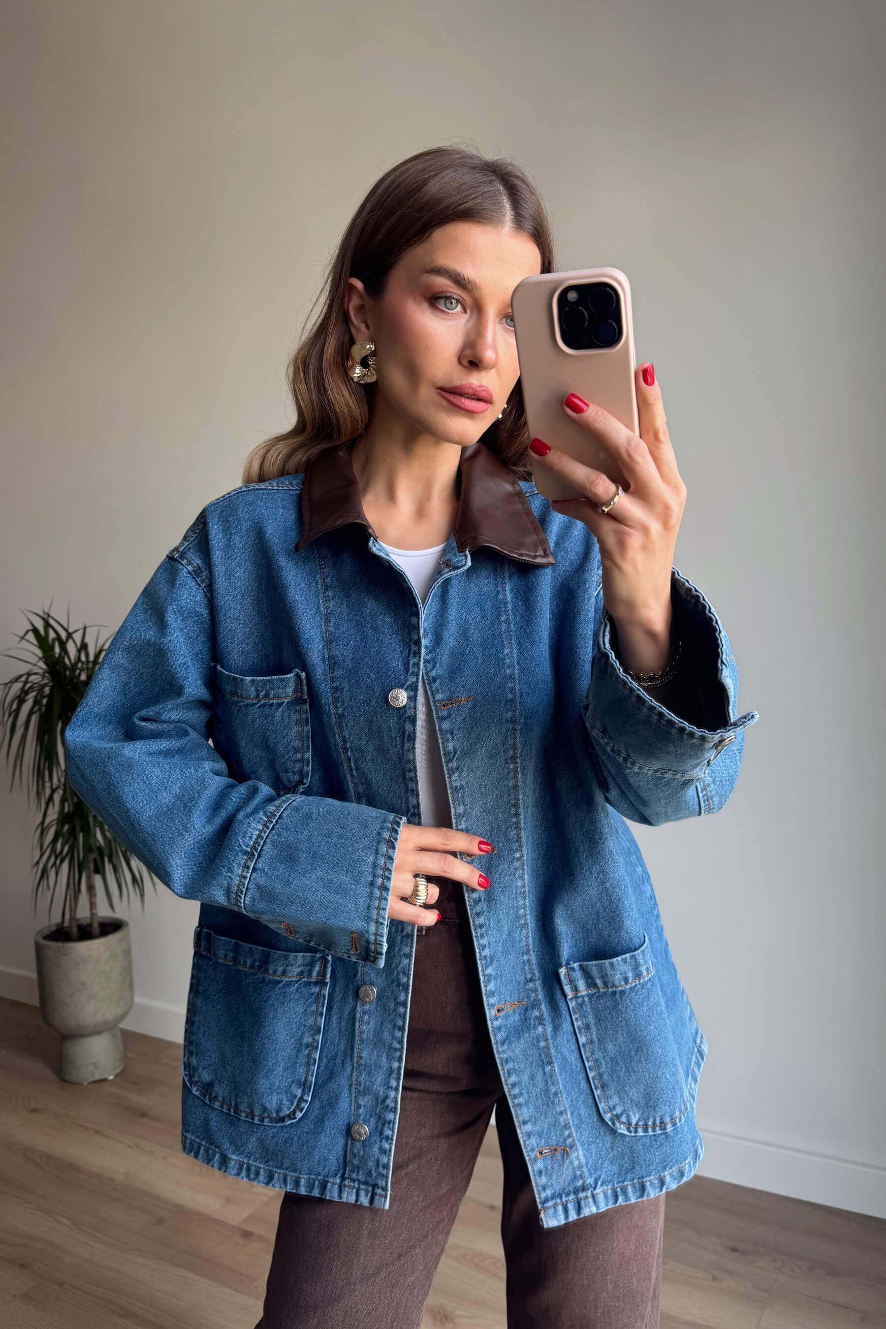 Mavi Deri Yakalı Denim Ceket