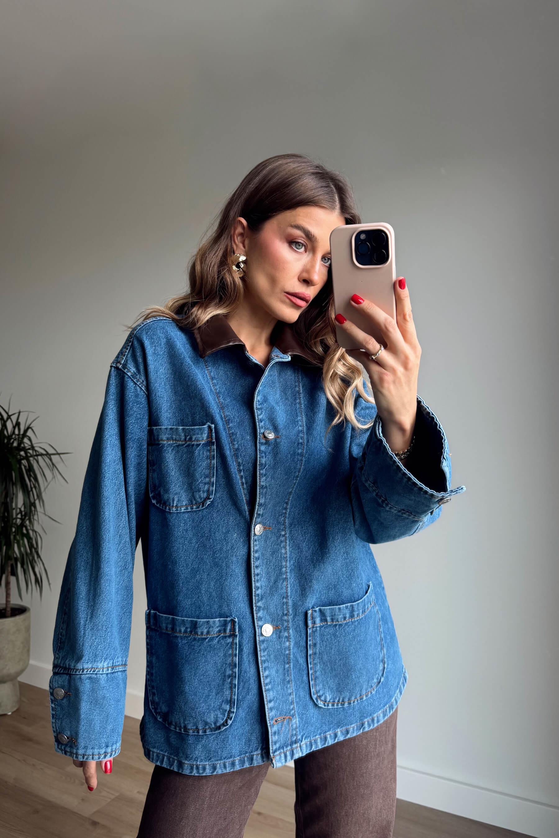 Mavi Deri Yakalı Denim Ceket
