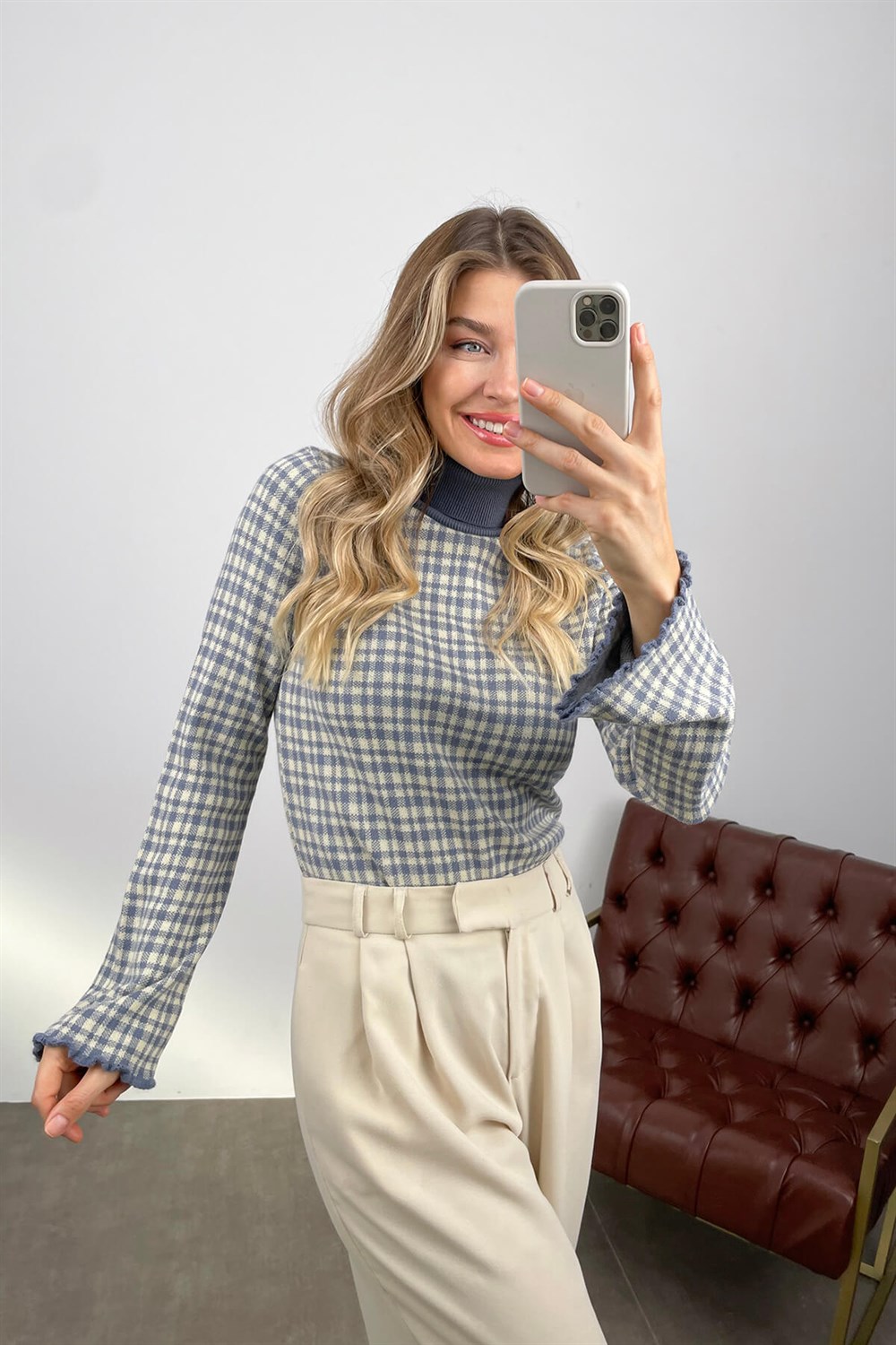 Mavi Ekoseli Balıkçı Yaka Kazak