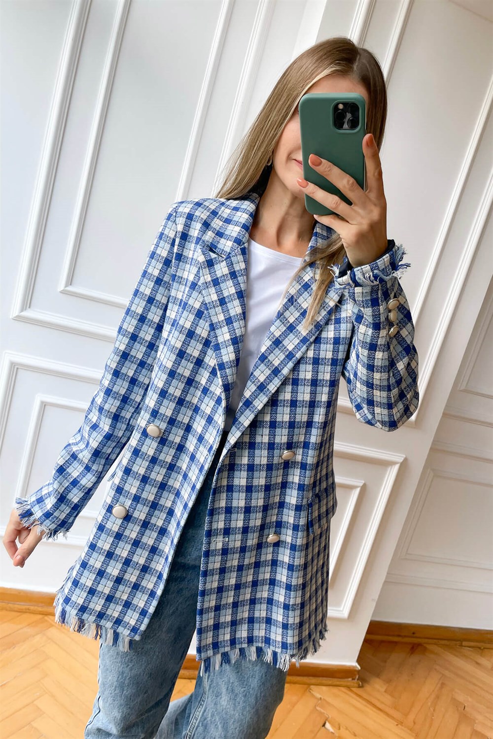 Mavi Ekoseli Püsküllü Blazer Ceket