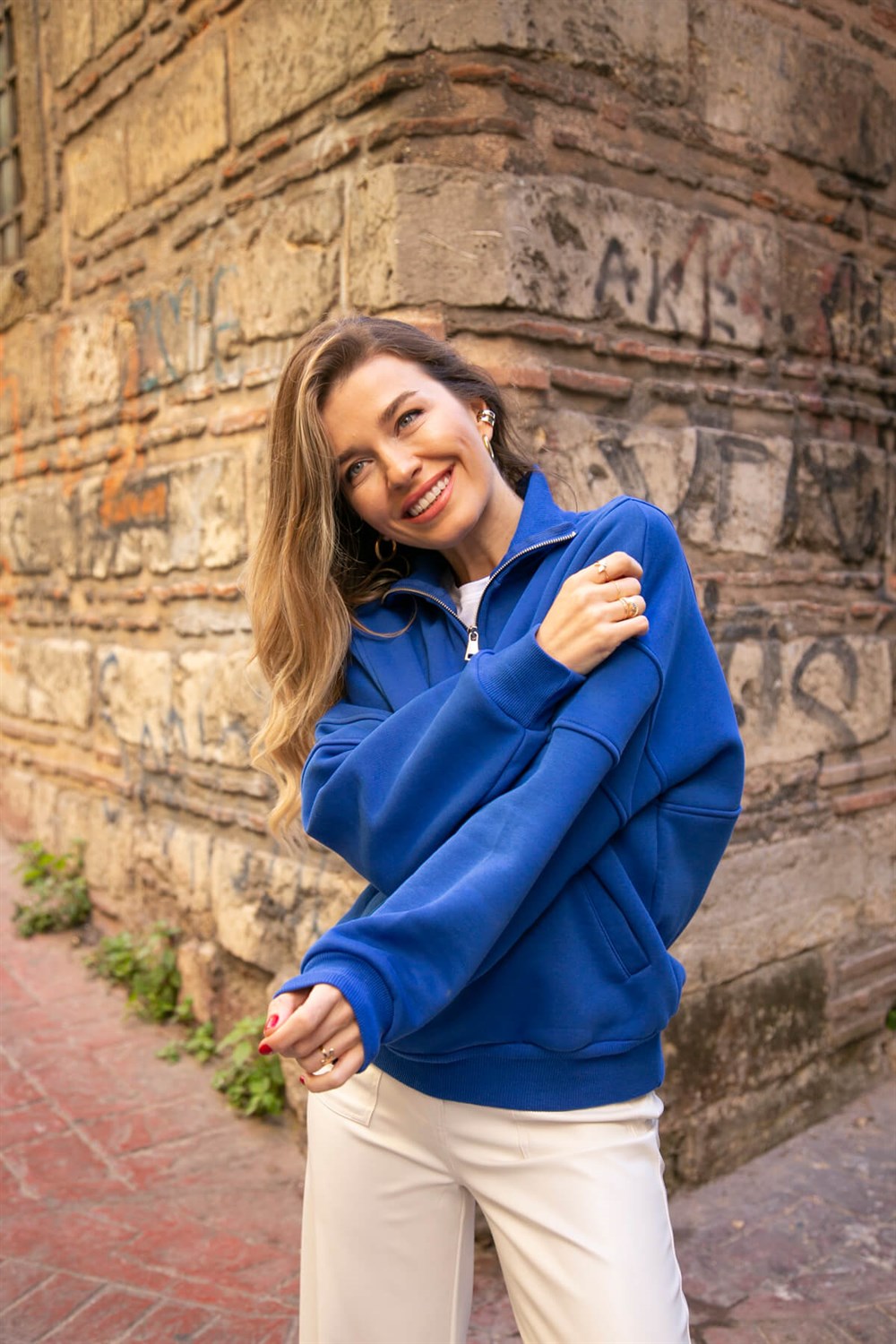 Mavi Fermuarlı Sweatshirt