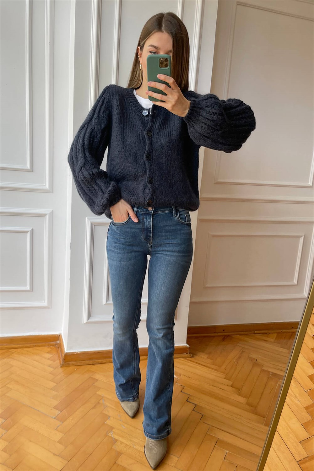 Mavi İspanyol Paça Likralı Jean