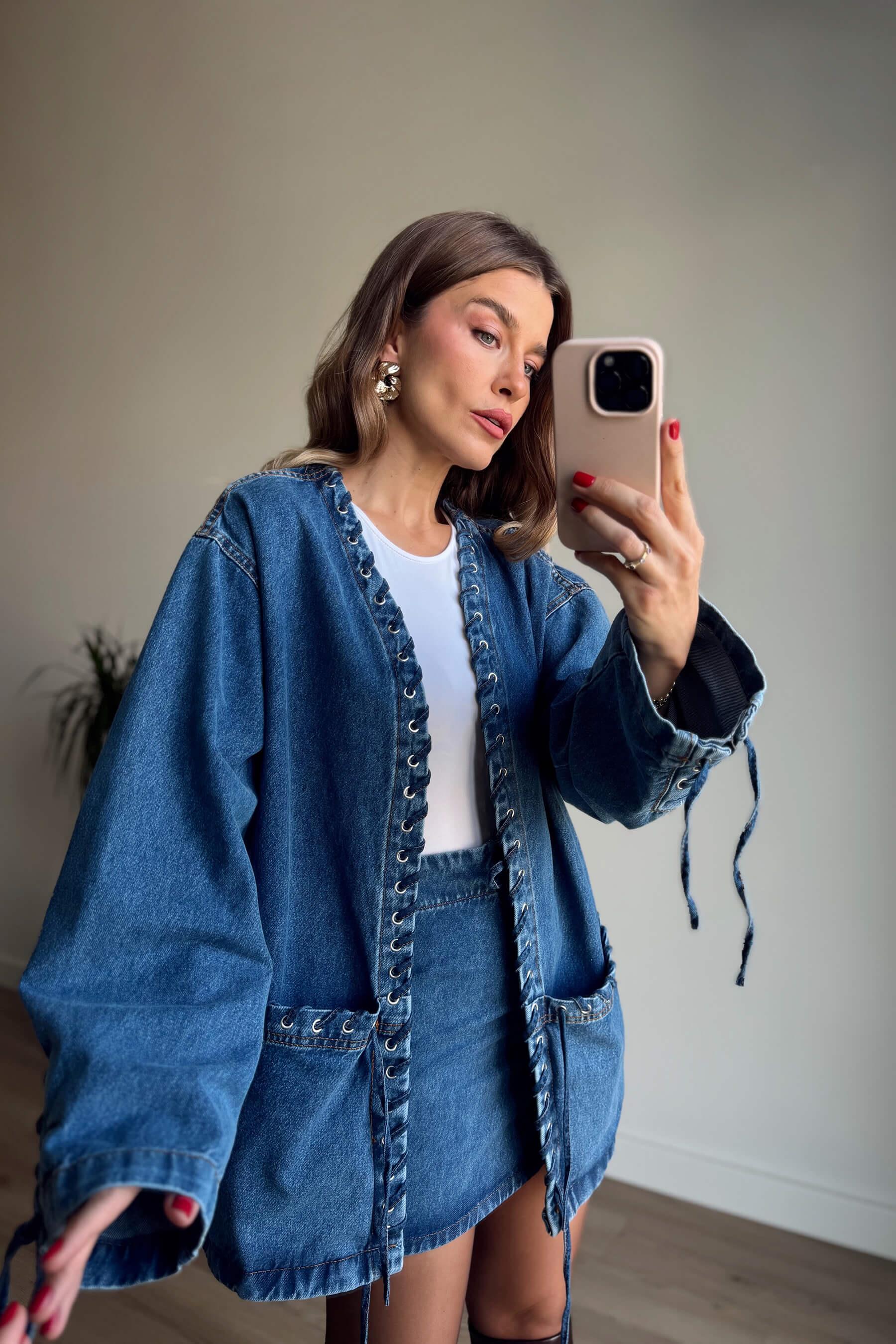 Mavi Kuş Gözü Detaylı Denim Etek Ceket Takım
