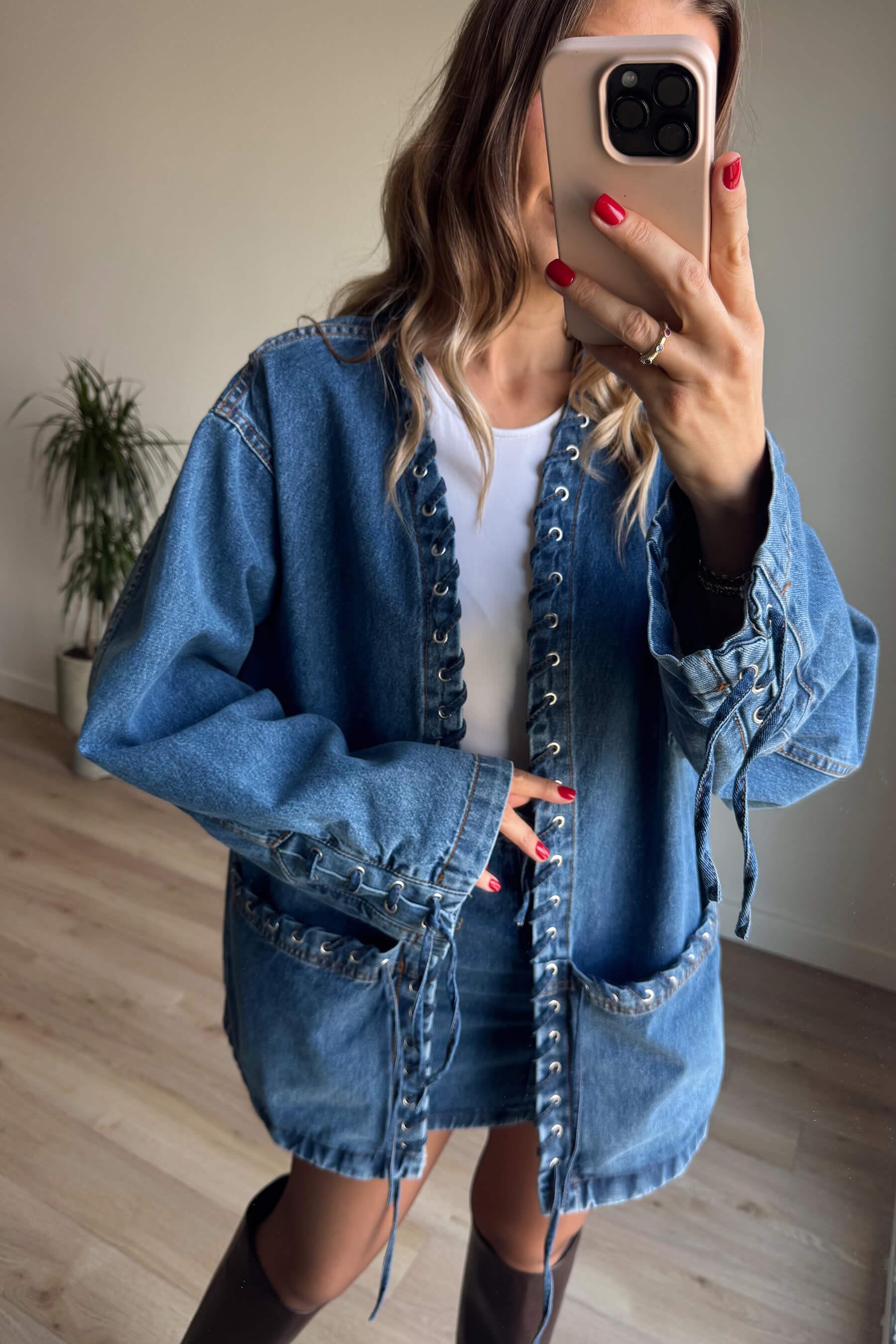 Mavi Kuş Gözü Detaylı Denim Etek Ceket Takım