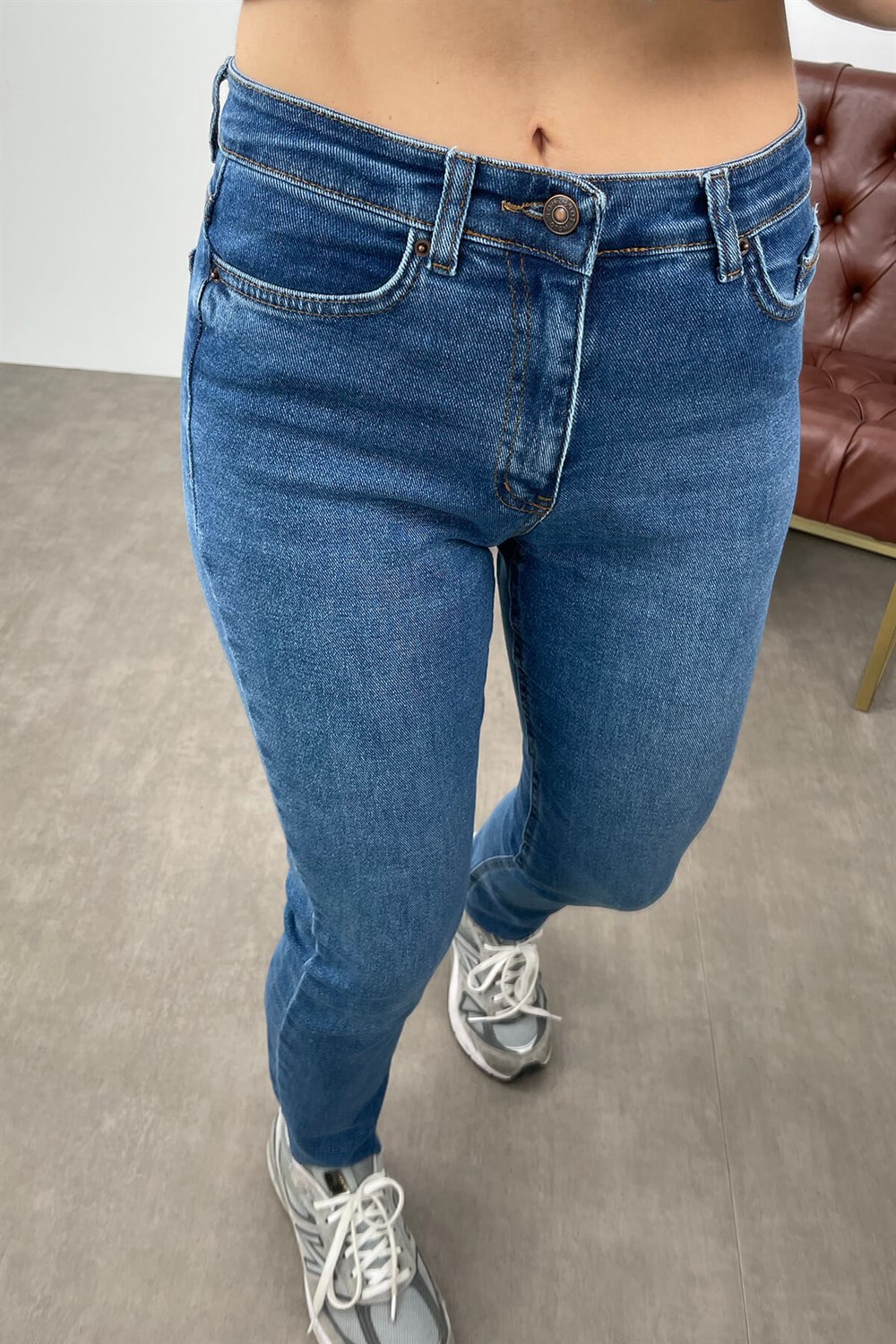 Mavi Likralı Mom Jean