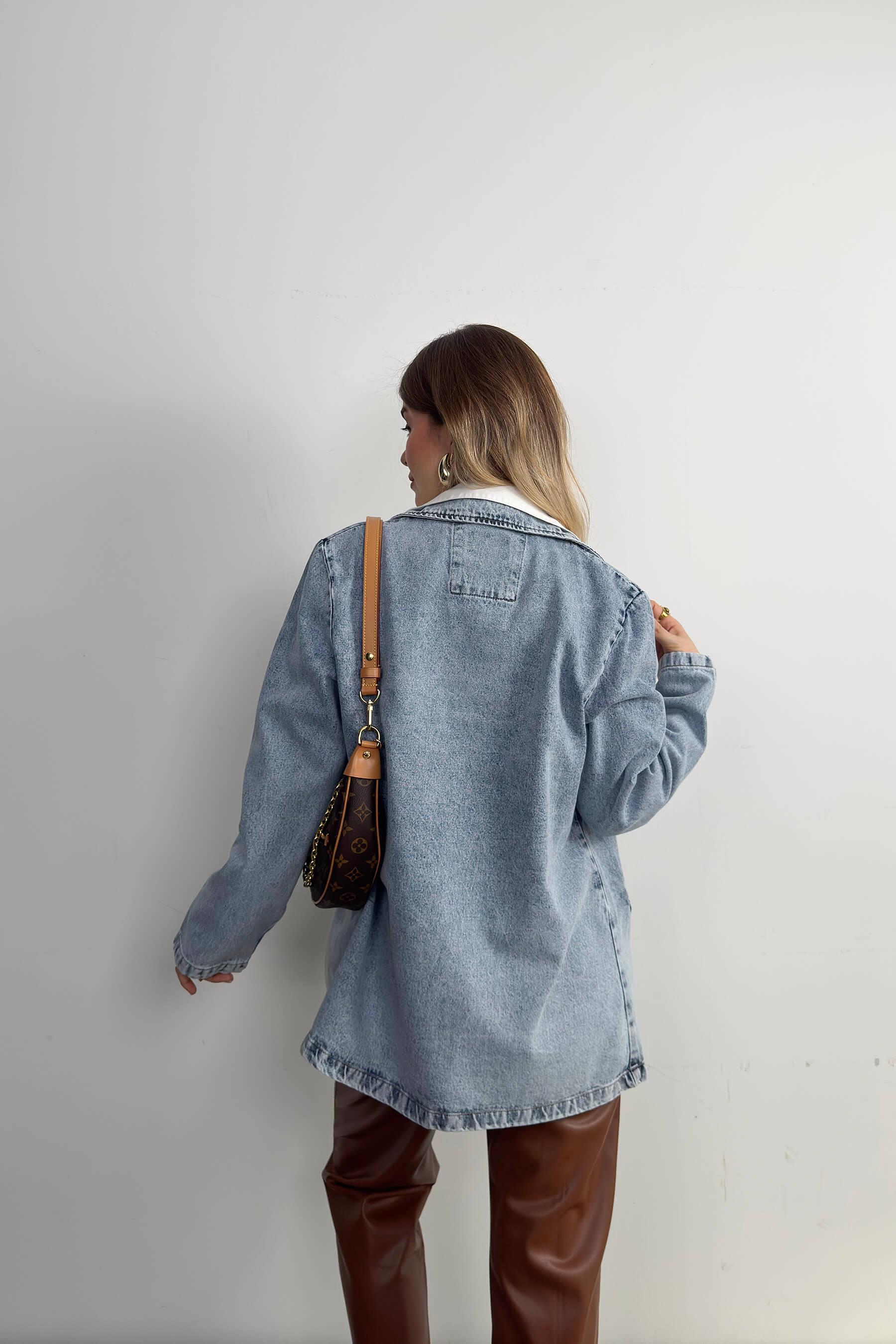 Mavi Önü Düğmeli Kot Blazer Ceket