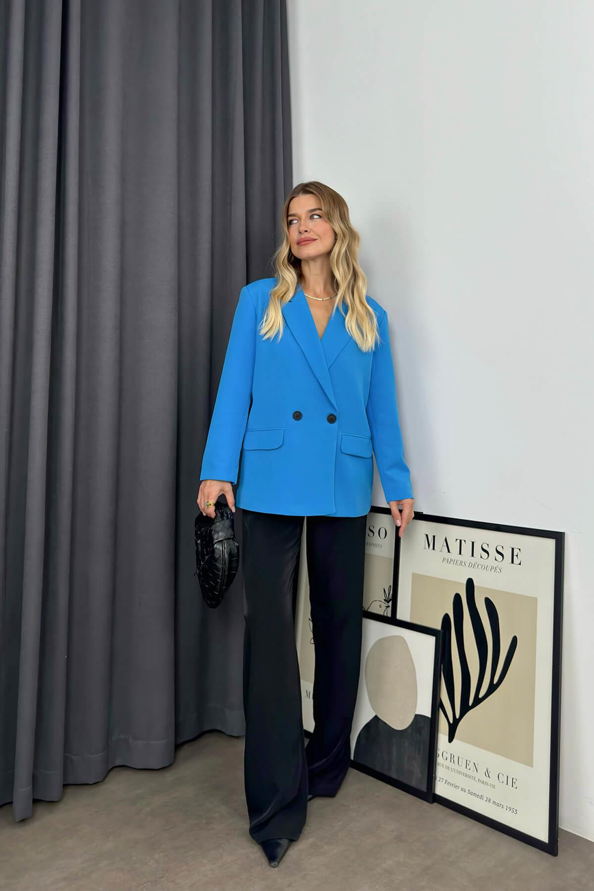 Mavi Oversize Çift Düğmeli Blazer Ceket