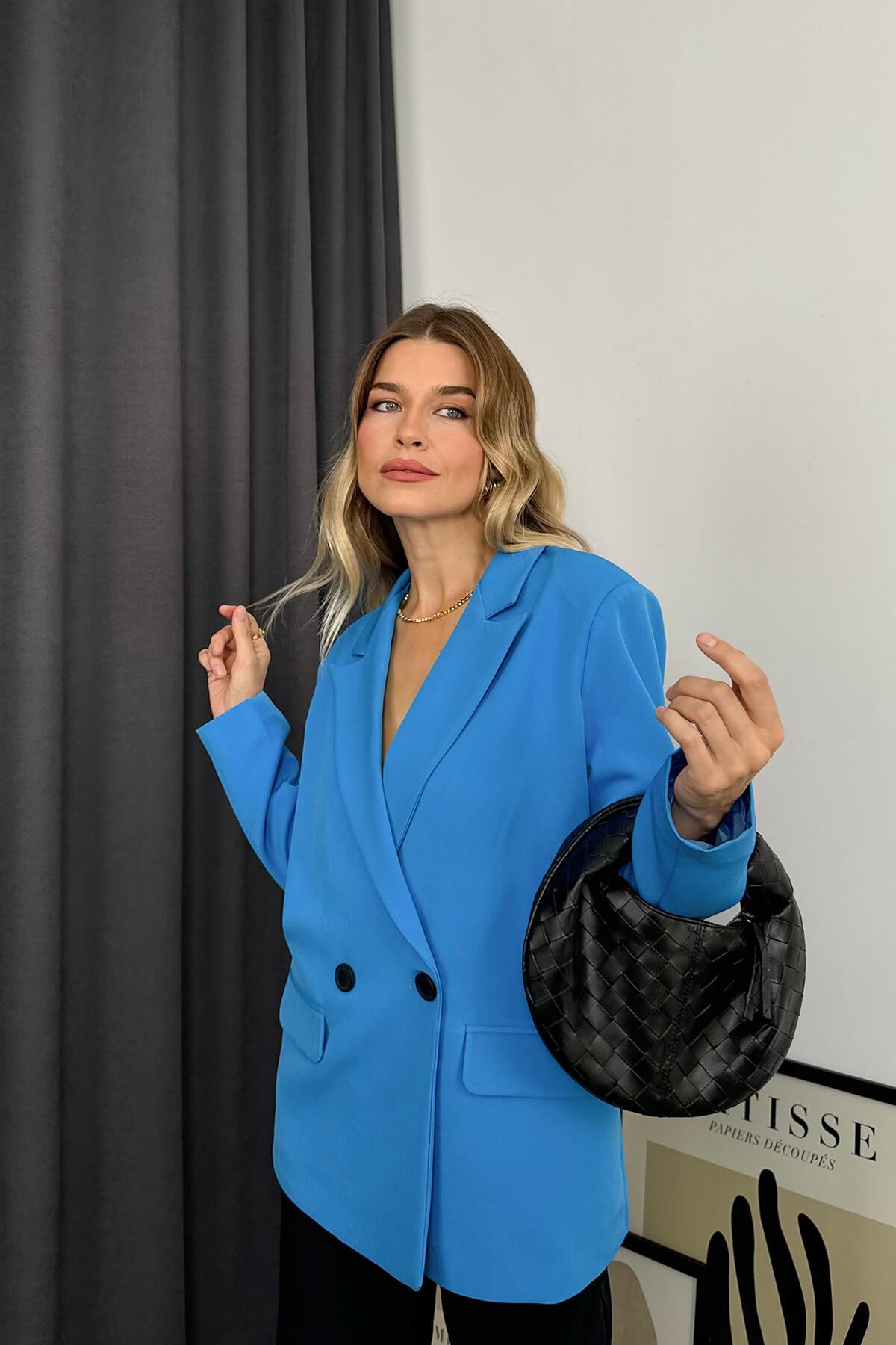 Mavi Oversize Çift Düğmeli Blazer Ceket