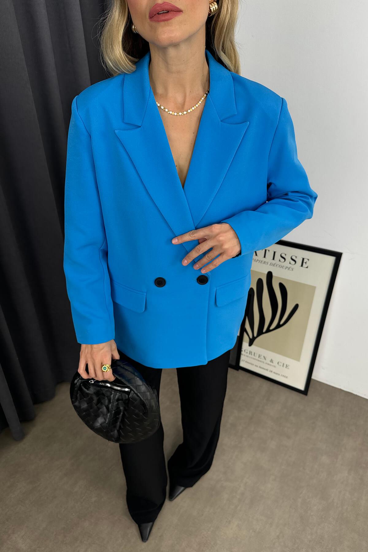 Mavi Oversize Çift Düğmeli Blazer Ceket