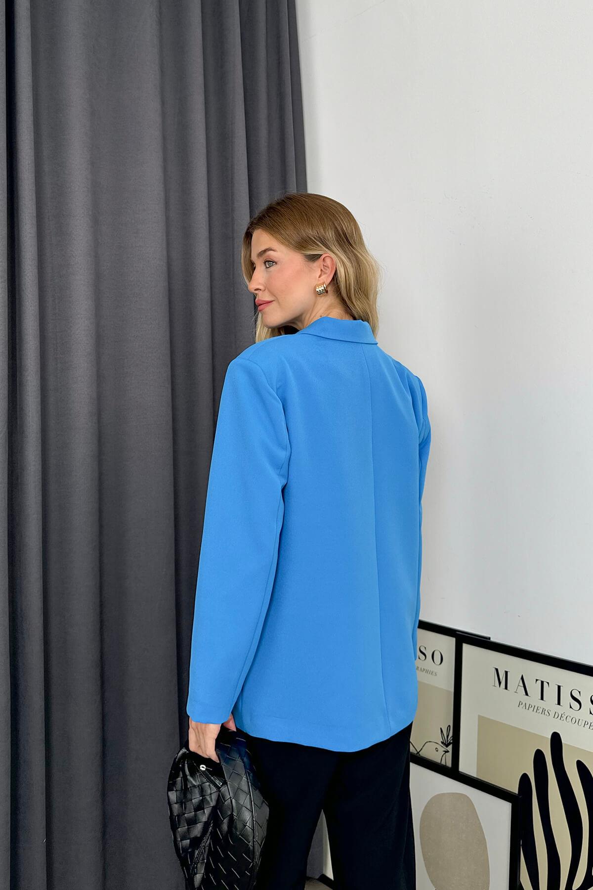 Mavi Oversize Çift Düğmeli Blazer Ceket