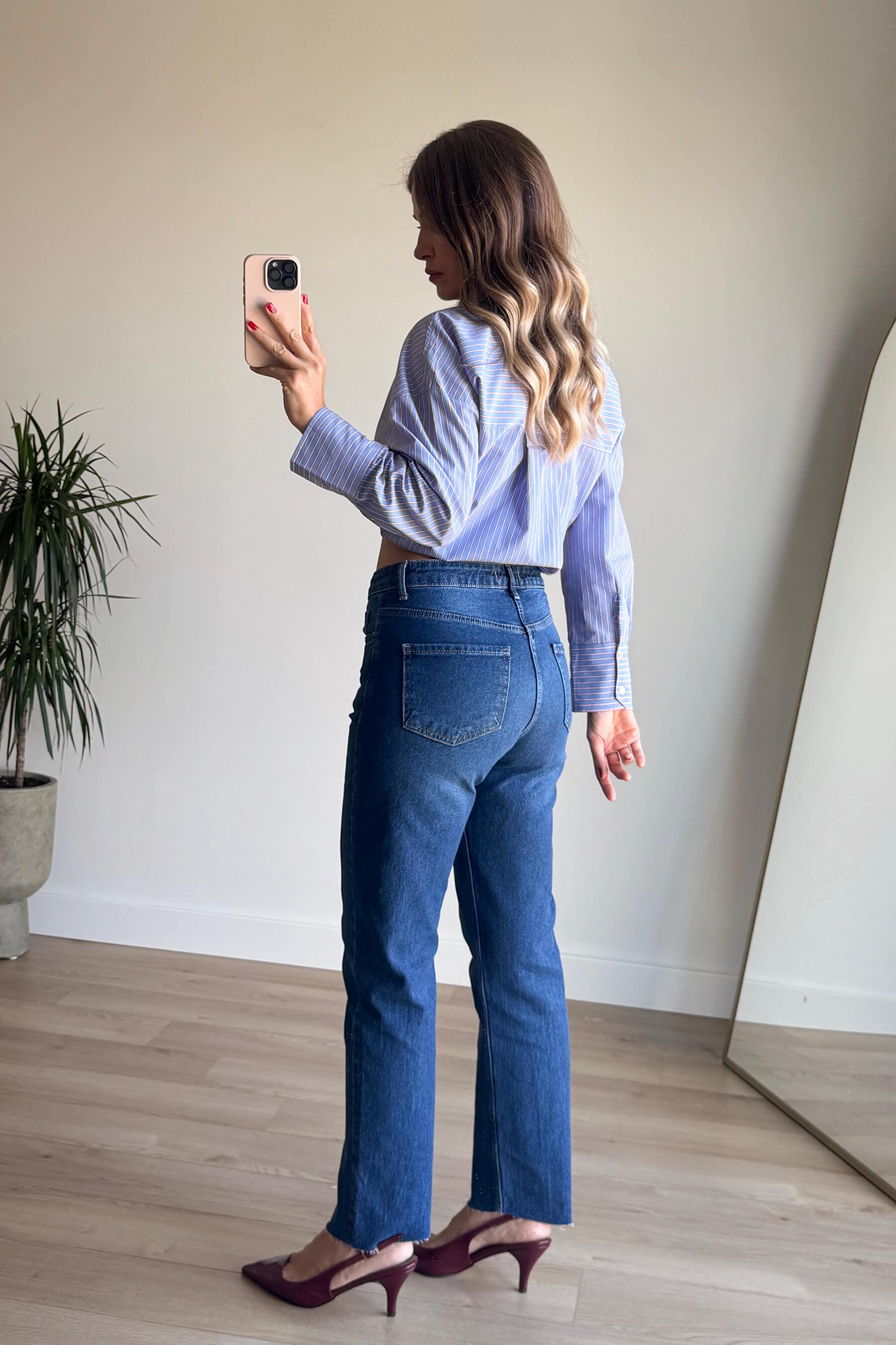 Mavi Yüksek Bel Boyfit Kesik Paça Jean