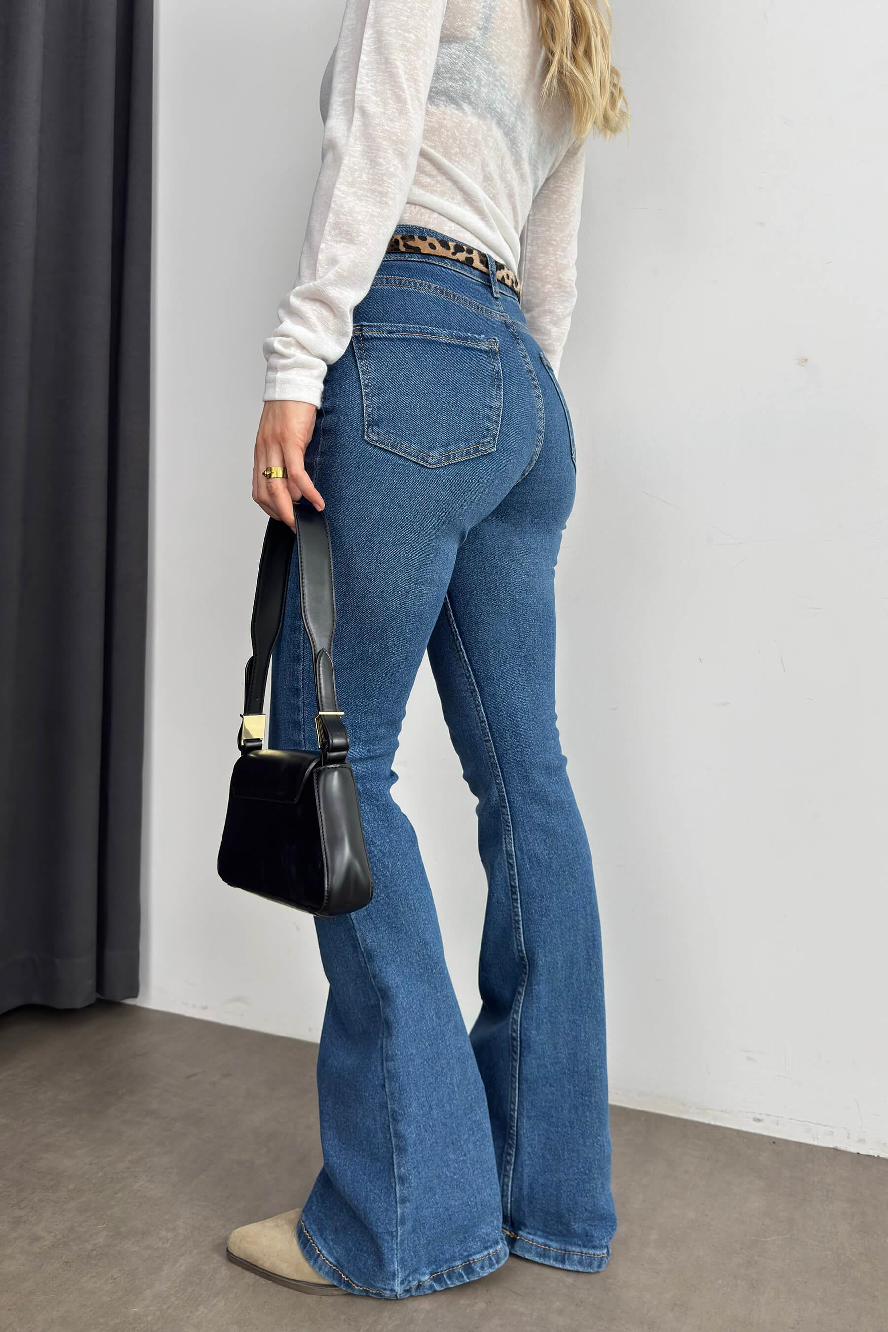 Mavi Yüksek Bel Likralı İspanyol Paça Jean