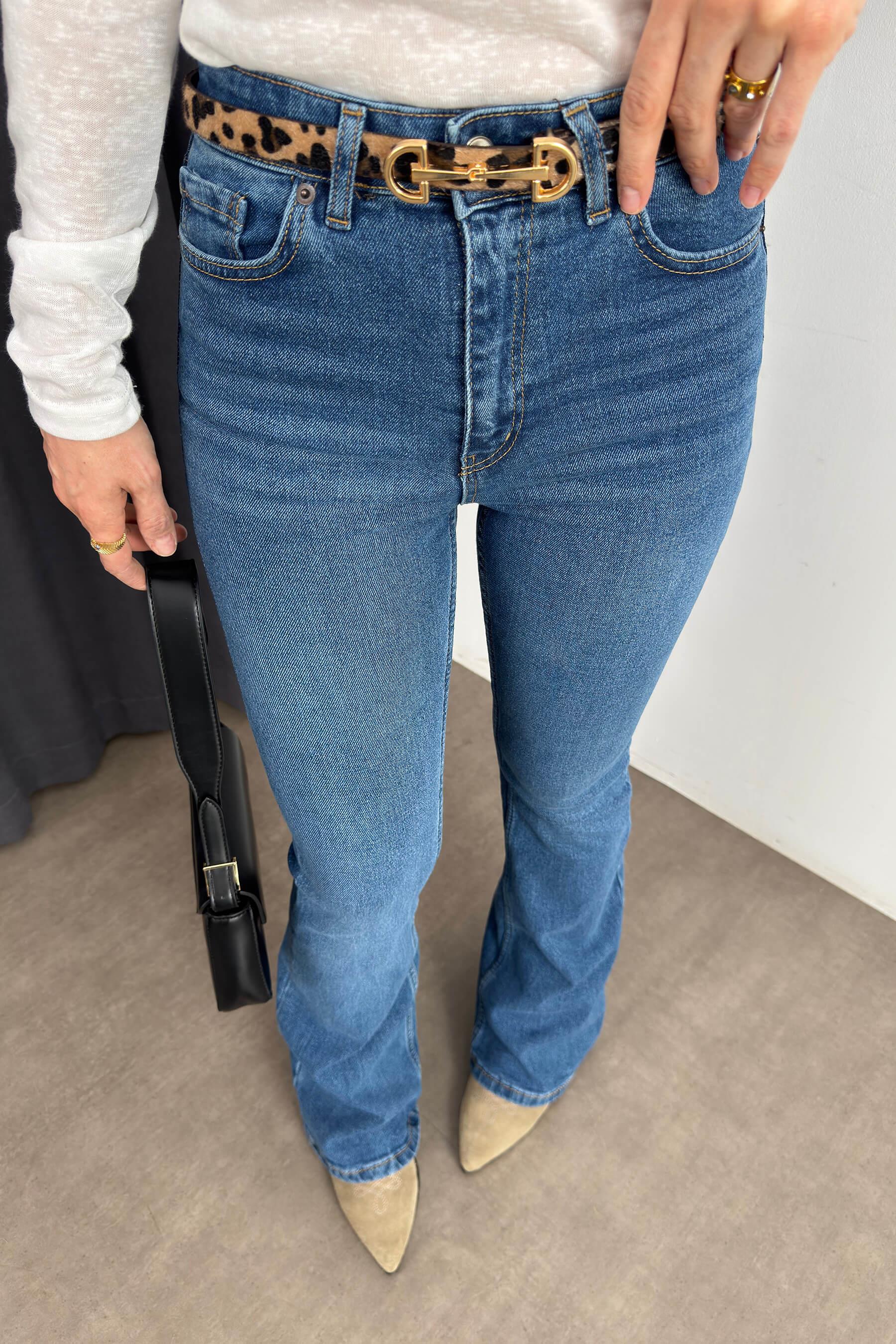 Mavi Yüksek Bel Likralı İspanyol Paça Jean