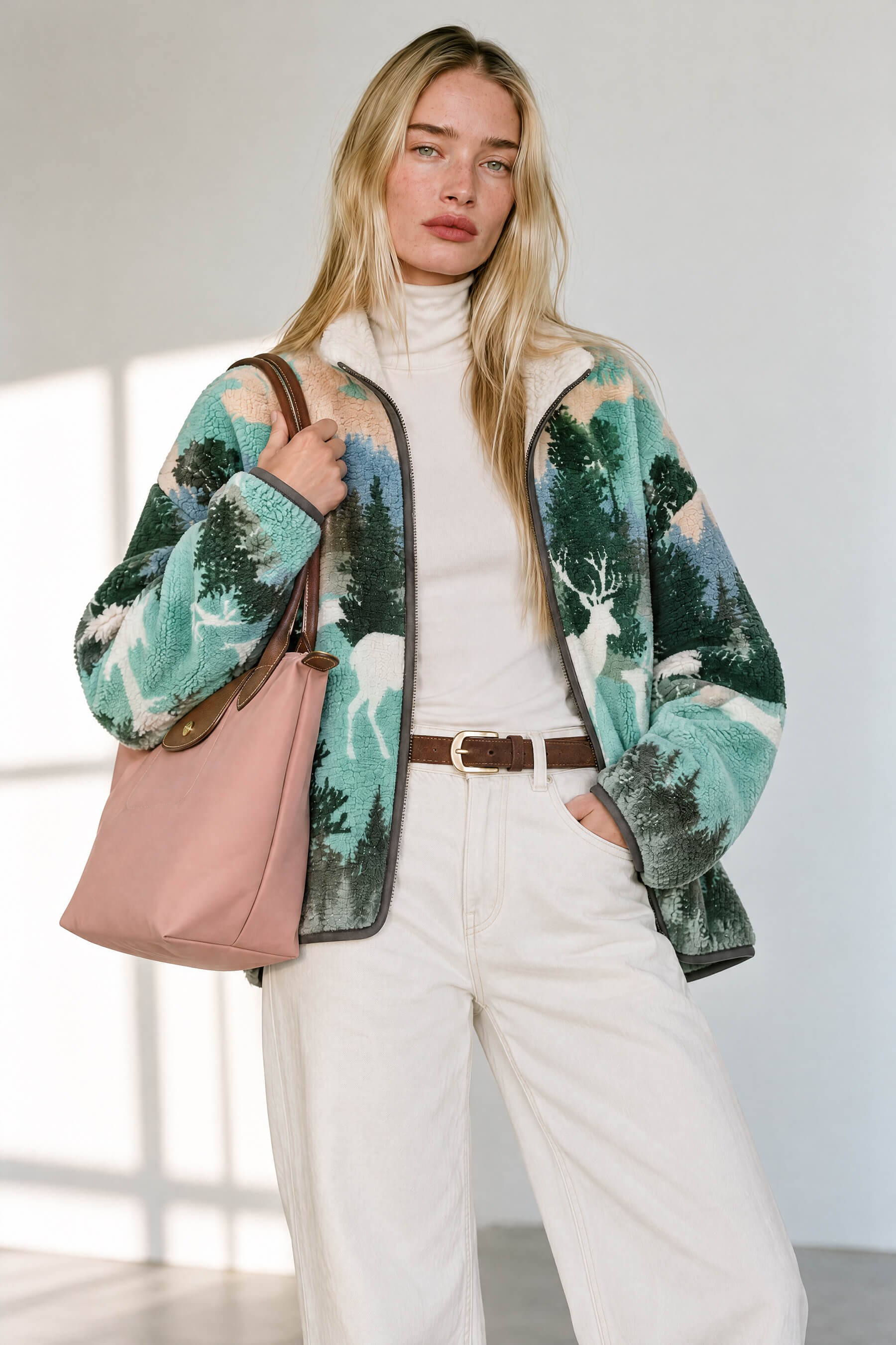 Mint Geyik Desenli Fermuarlı Oversize Peluş Sweatshirt