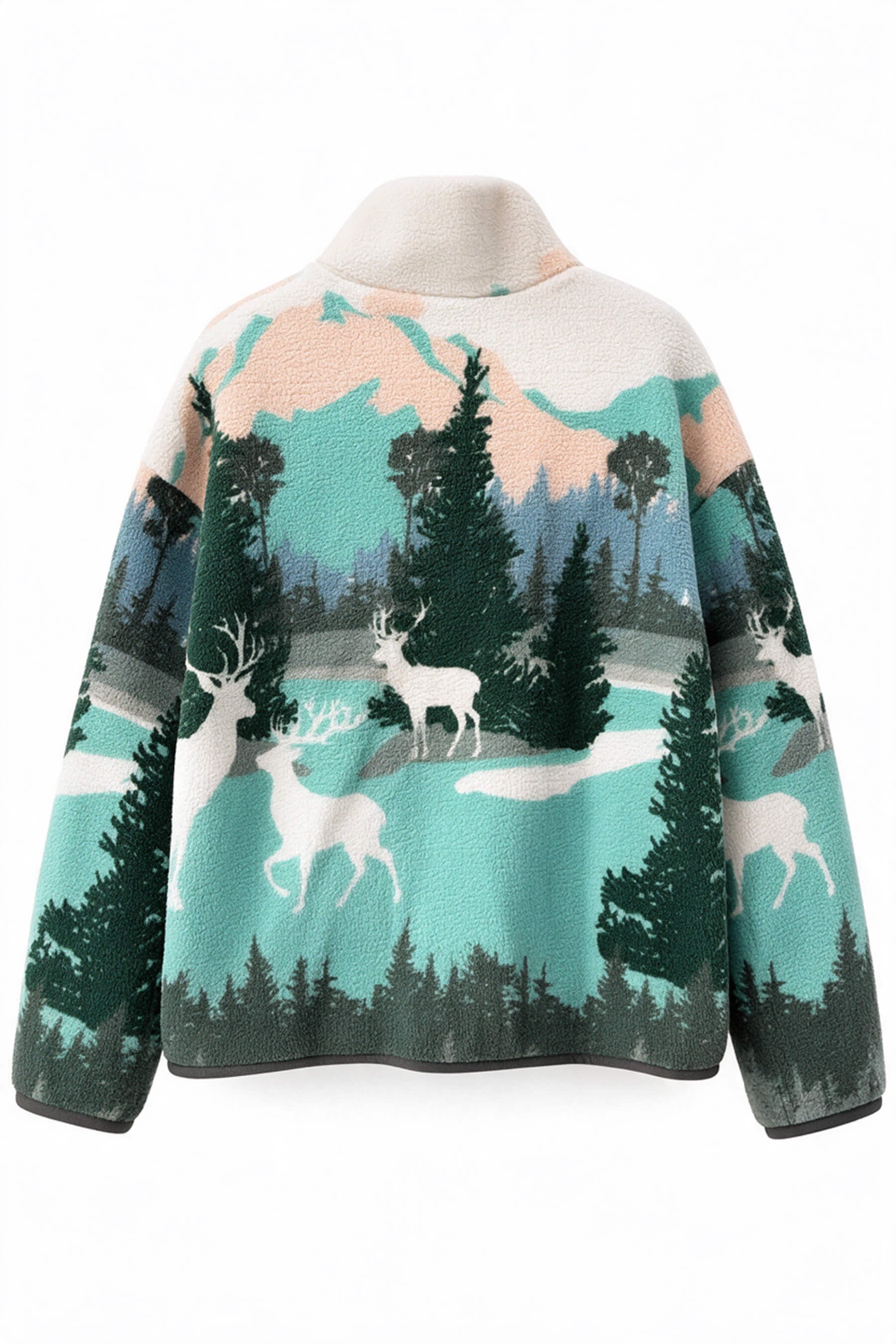 Mint Geyik Desenli Fermuarlı Oversize Peluş Sweatshirt
