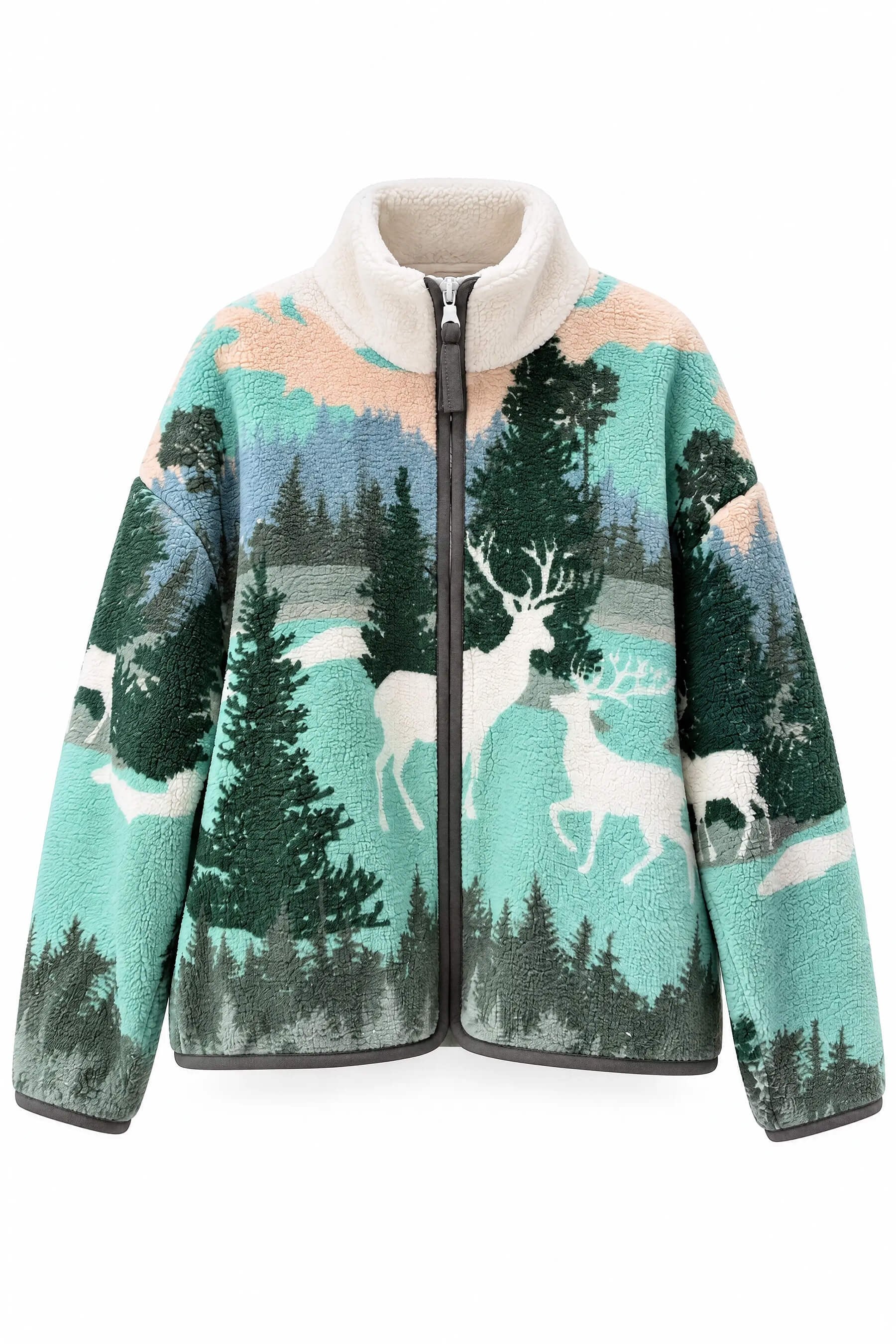 Mint Geyik Desenli Fermuarlı Oversize Peluş Sweatshirt