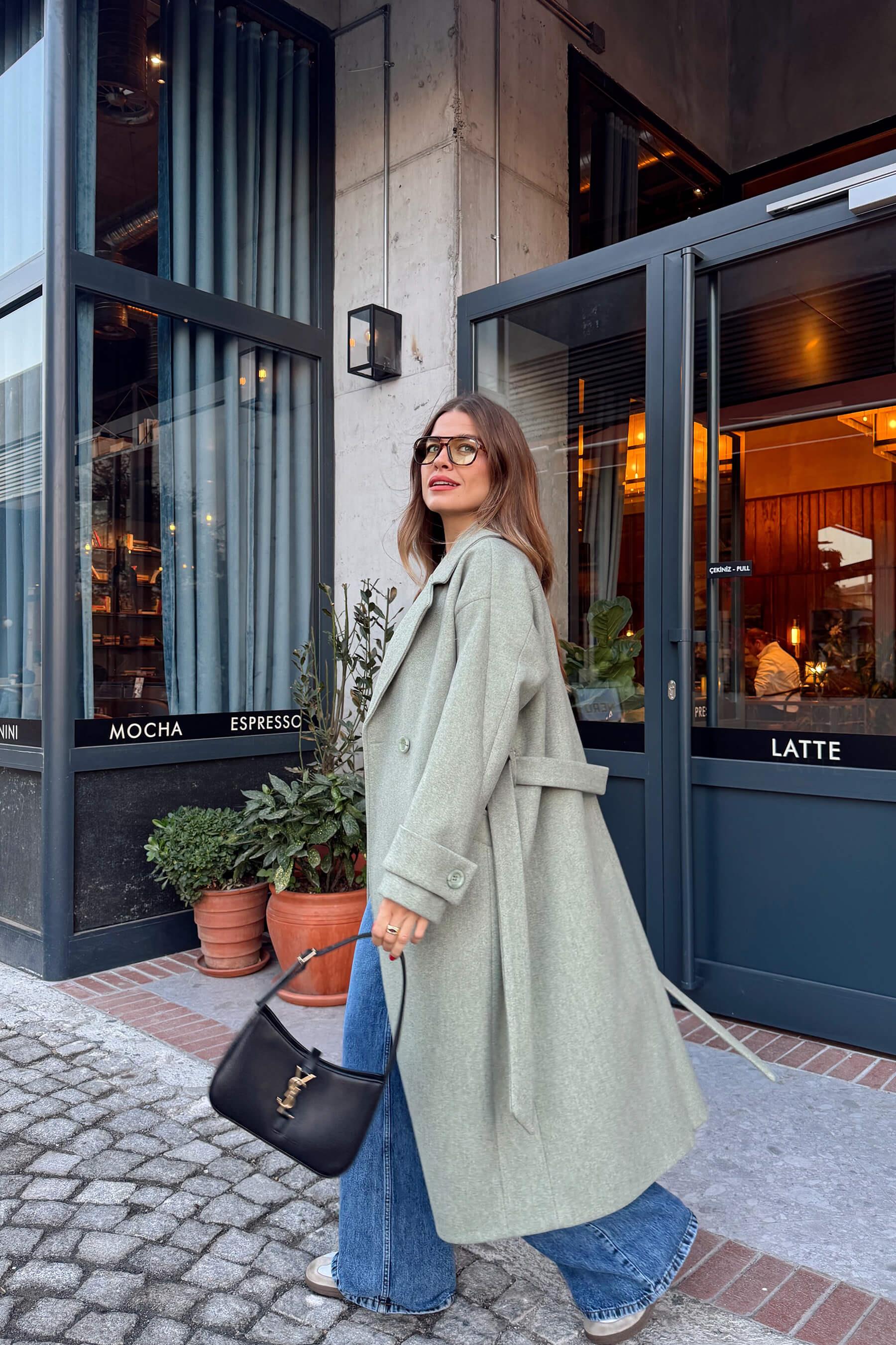 Mint Melanj Kuşaklı Astarlı Oversize Yün Kaban