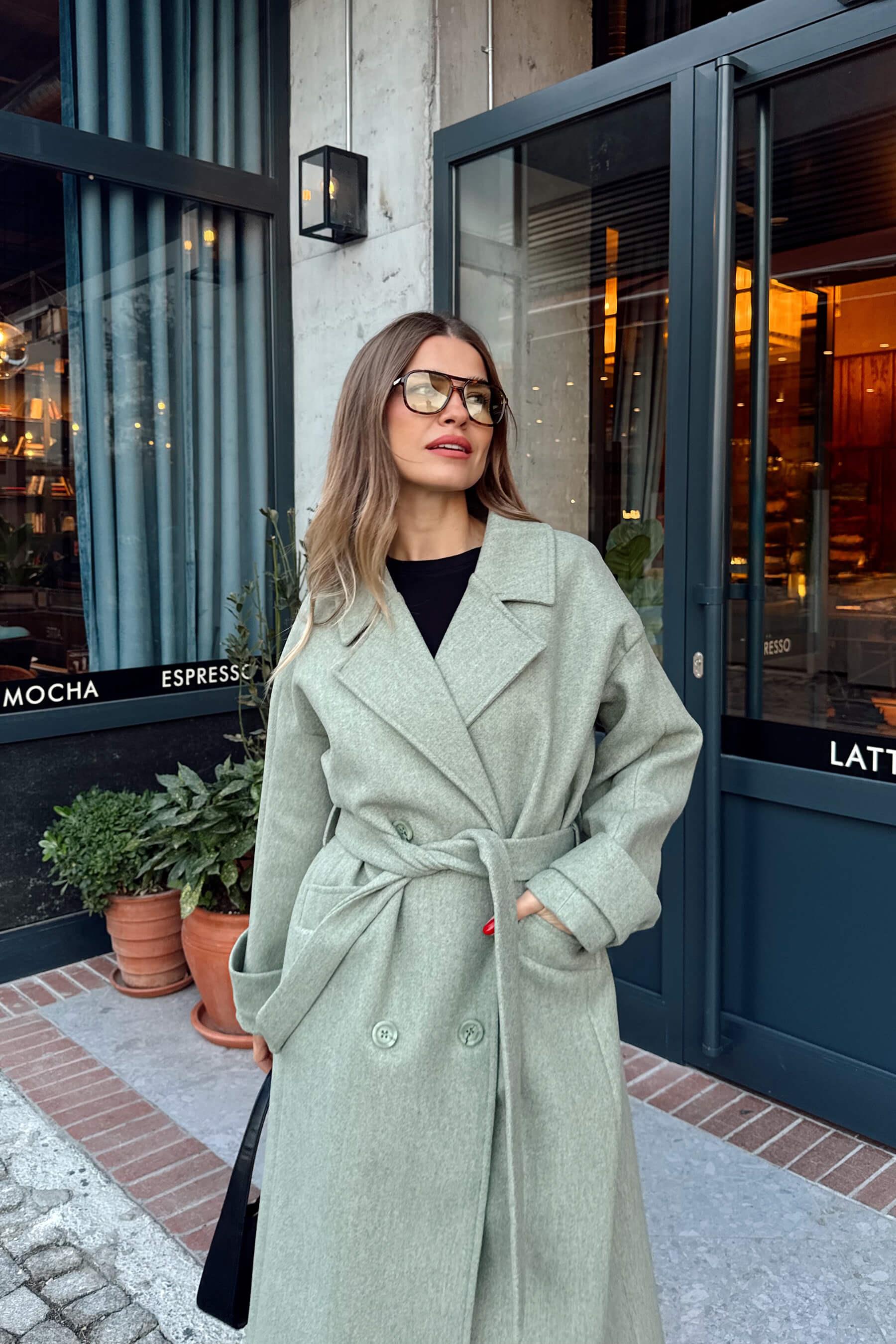 Mint Melanj Kuşaklı Astarlı Oversize Yün Kaban