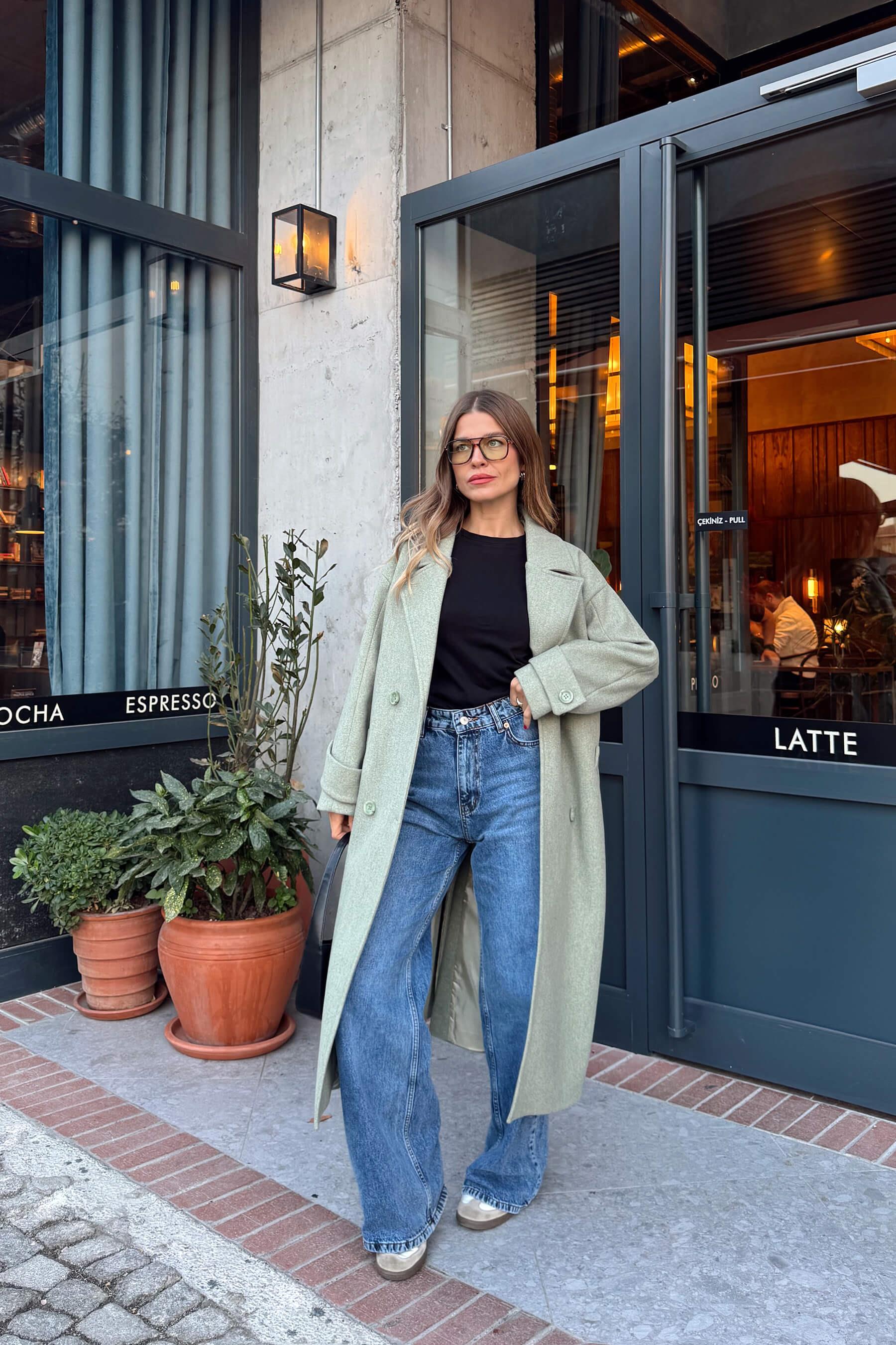 Mint Melanj Kuşaklı Astarlı Oversize Yün Kaban