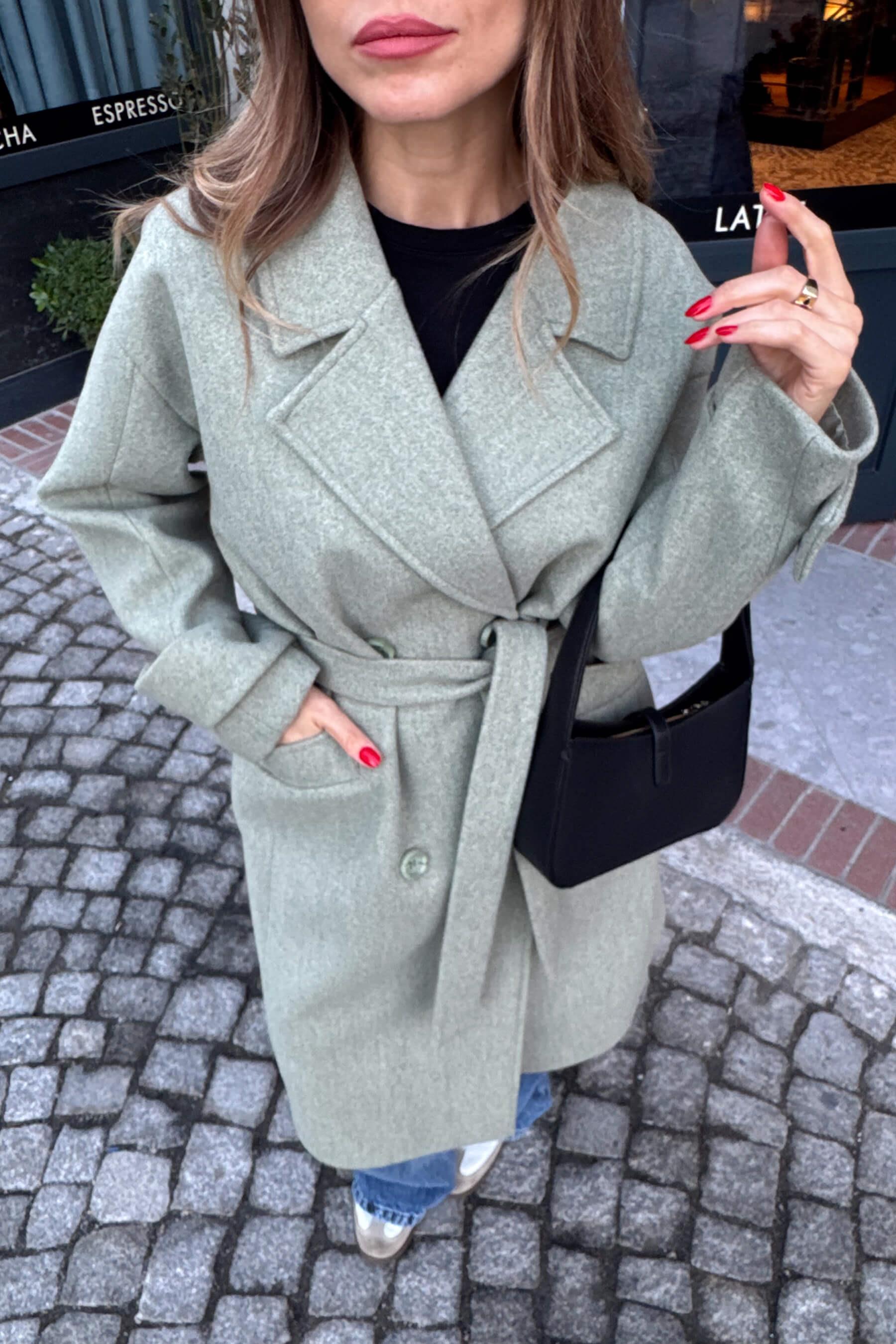 Mint Melanj Kuşaklı Astarlı Oversize Yün Kaban