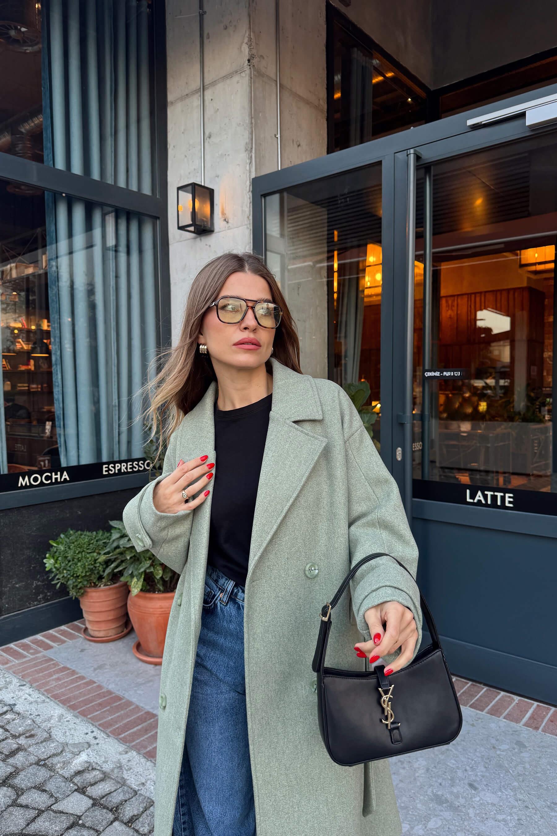 Mint Melanj Kuşaklı Astarlı Oversize Yün Kaban