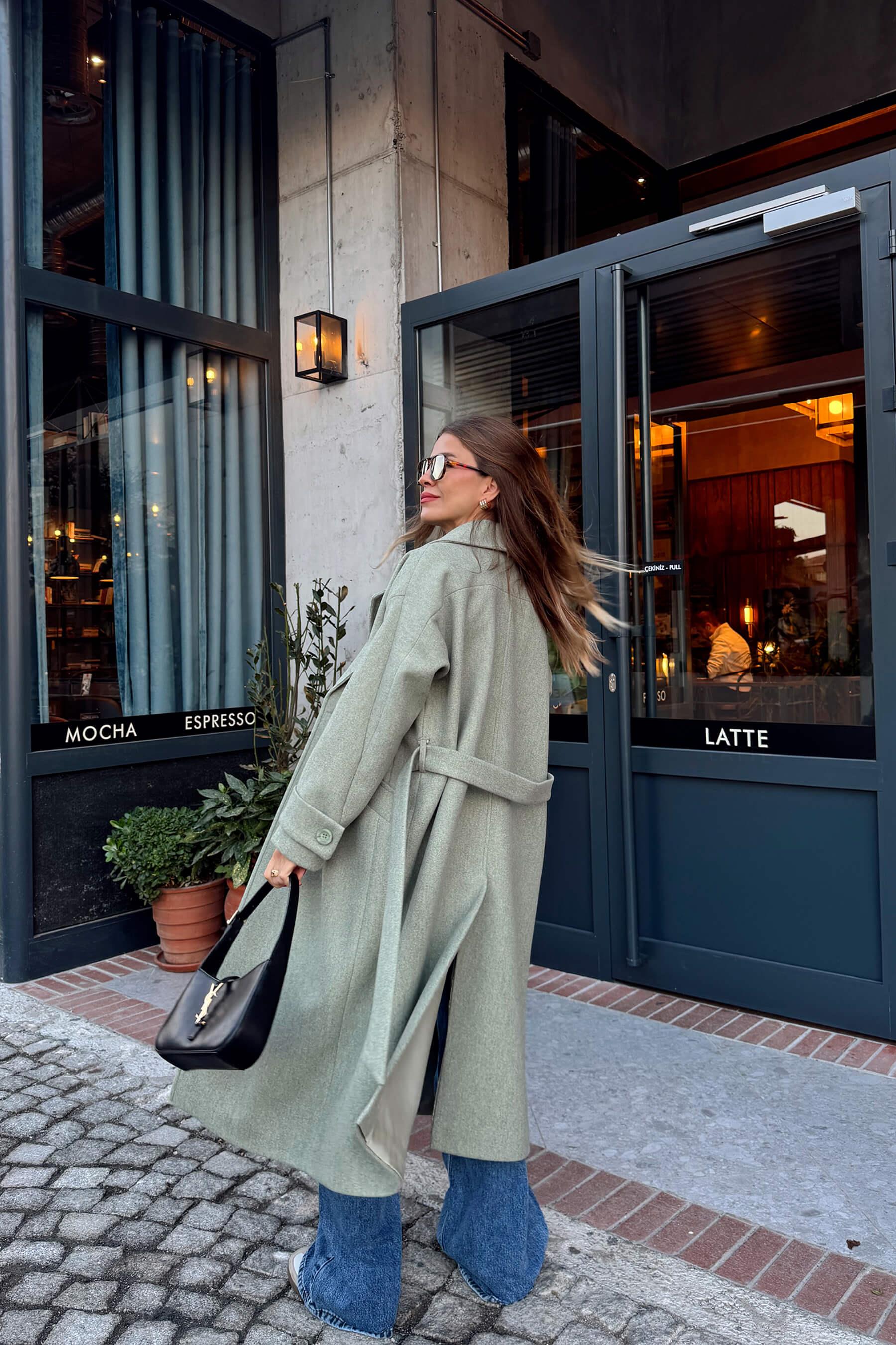 Mint Melanj Kuşaklı Astarlı Oversize Yün Kaban