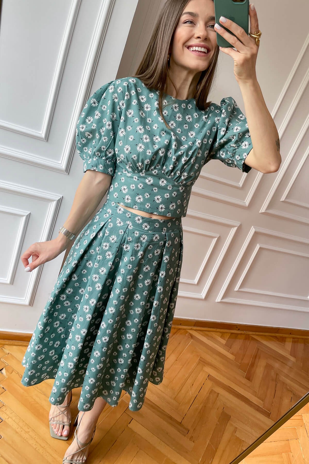 Mint Papatya Desen Etek ve Crop