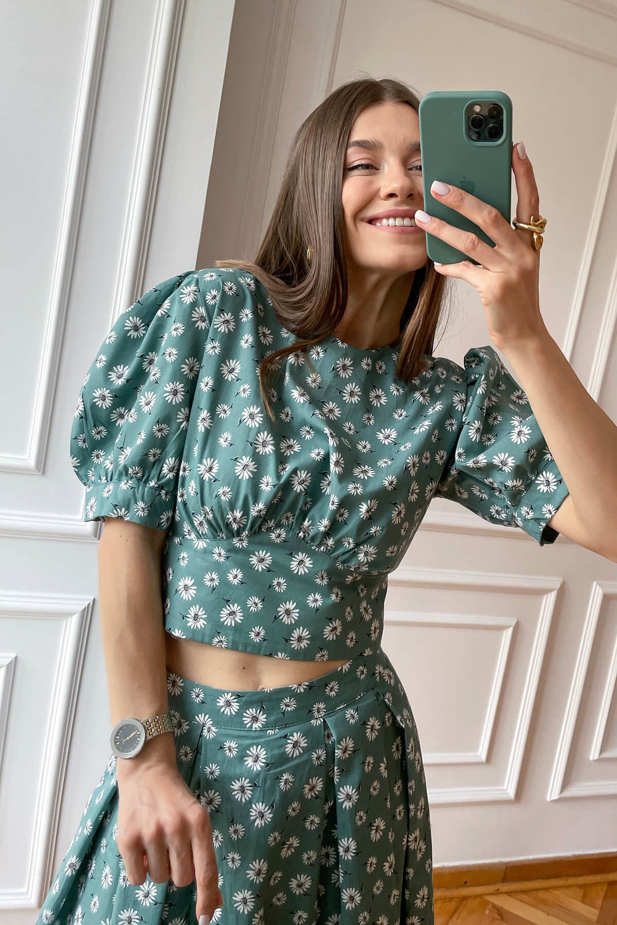 Mint Papatya Desen Etek ve Crop