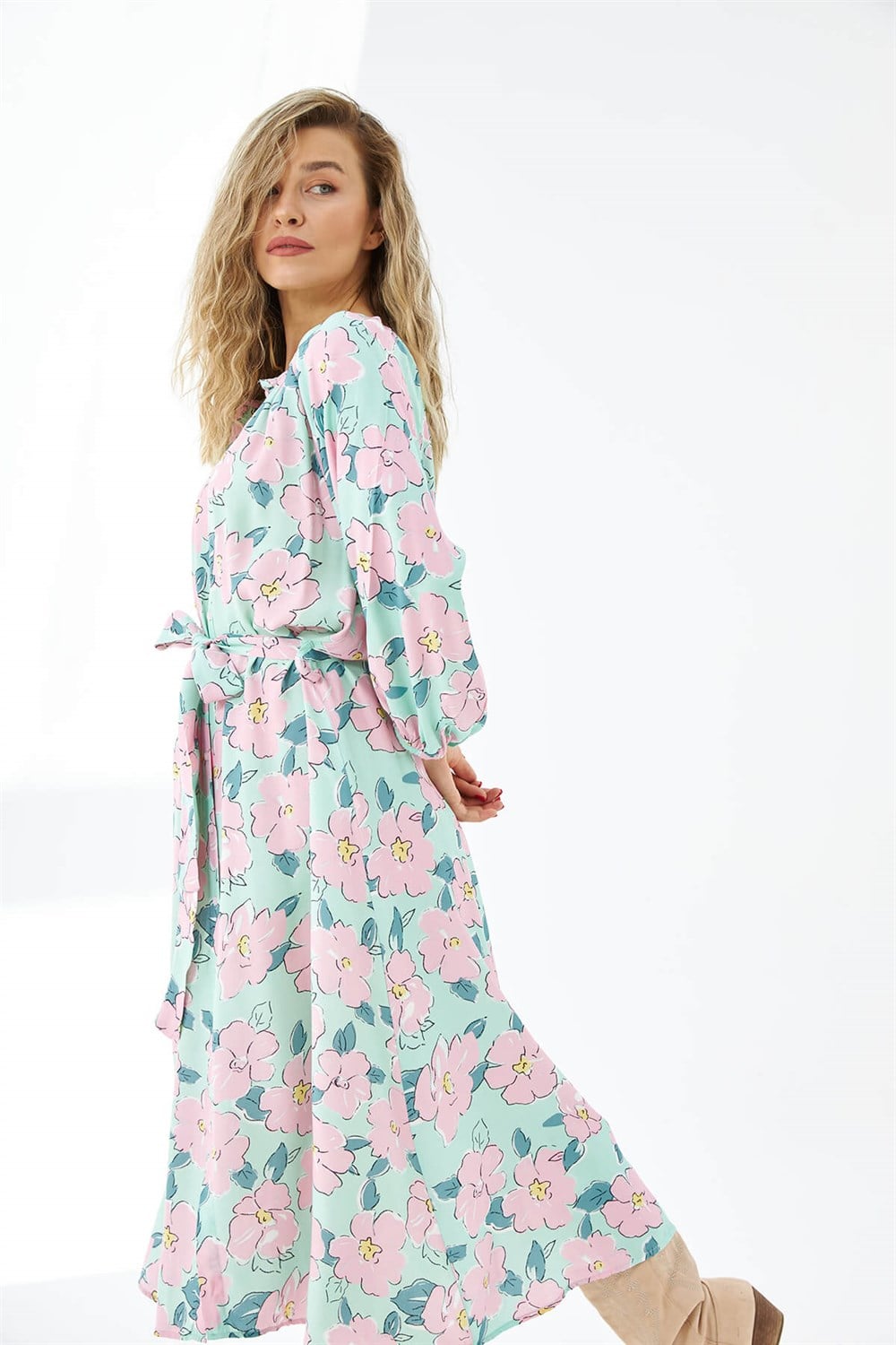 Mint Pembe Çiçekli Kuşaklı Elbise