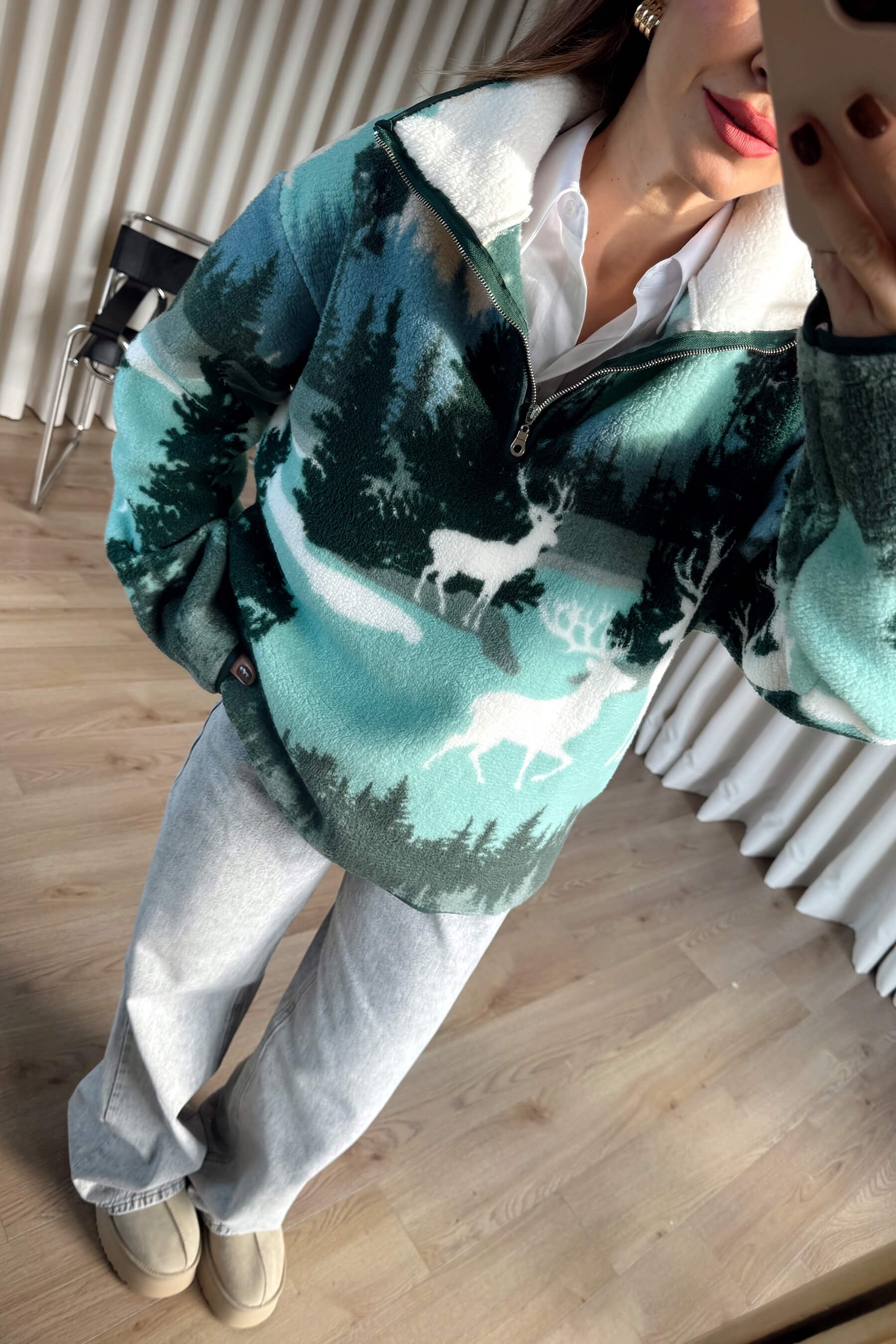 Mint Yarım Fermuarlı Oversize Peluş Sweatshirt