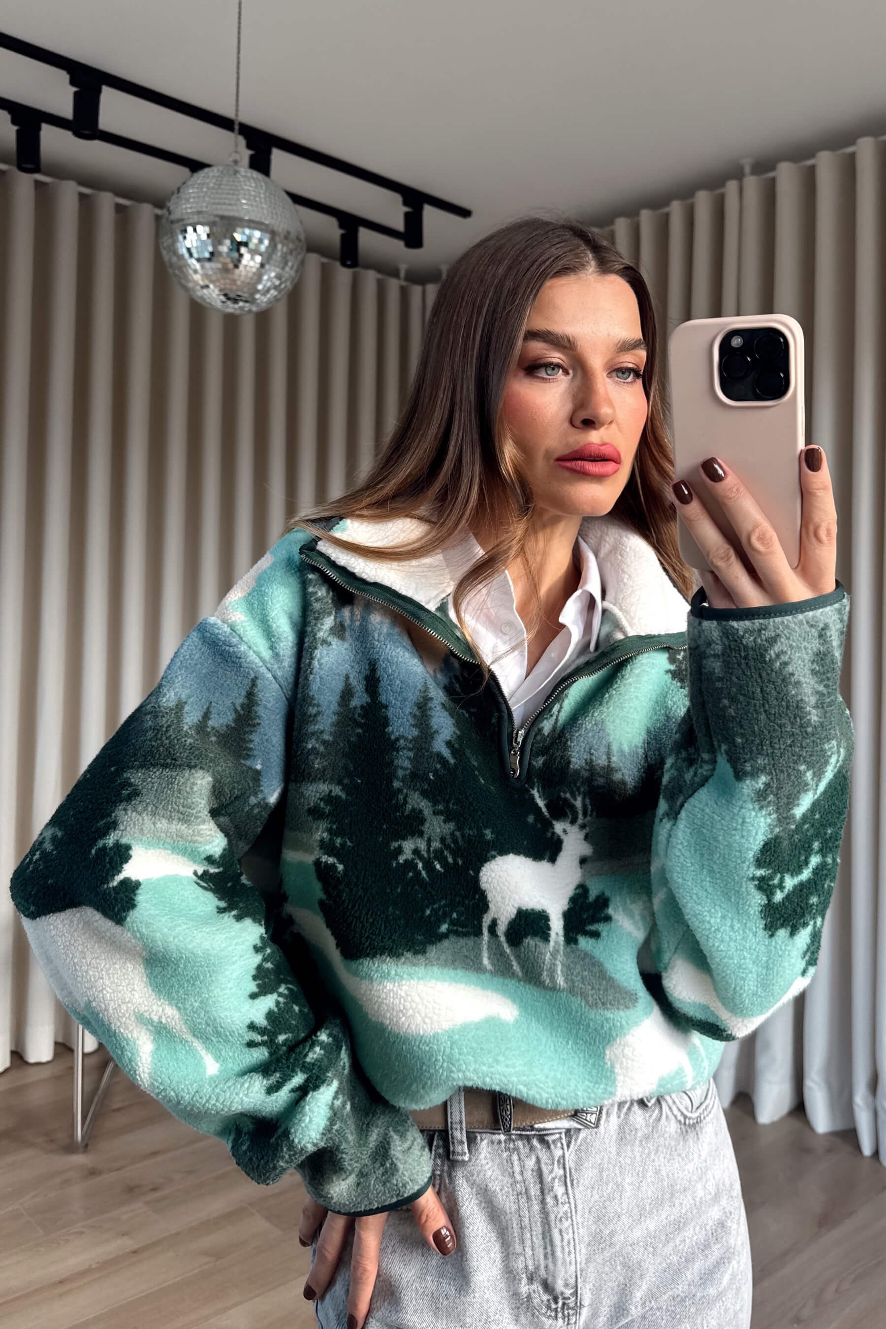Mint Yarım Fermuarlı Oversize Peluş Sweatshirt