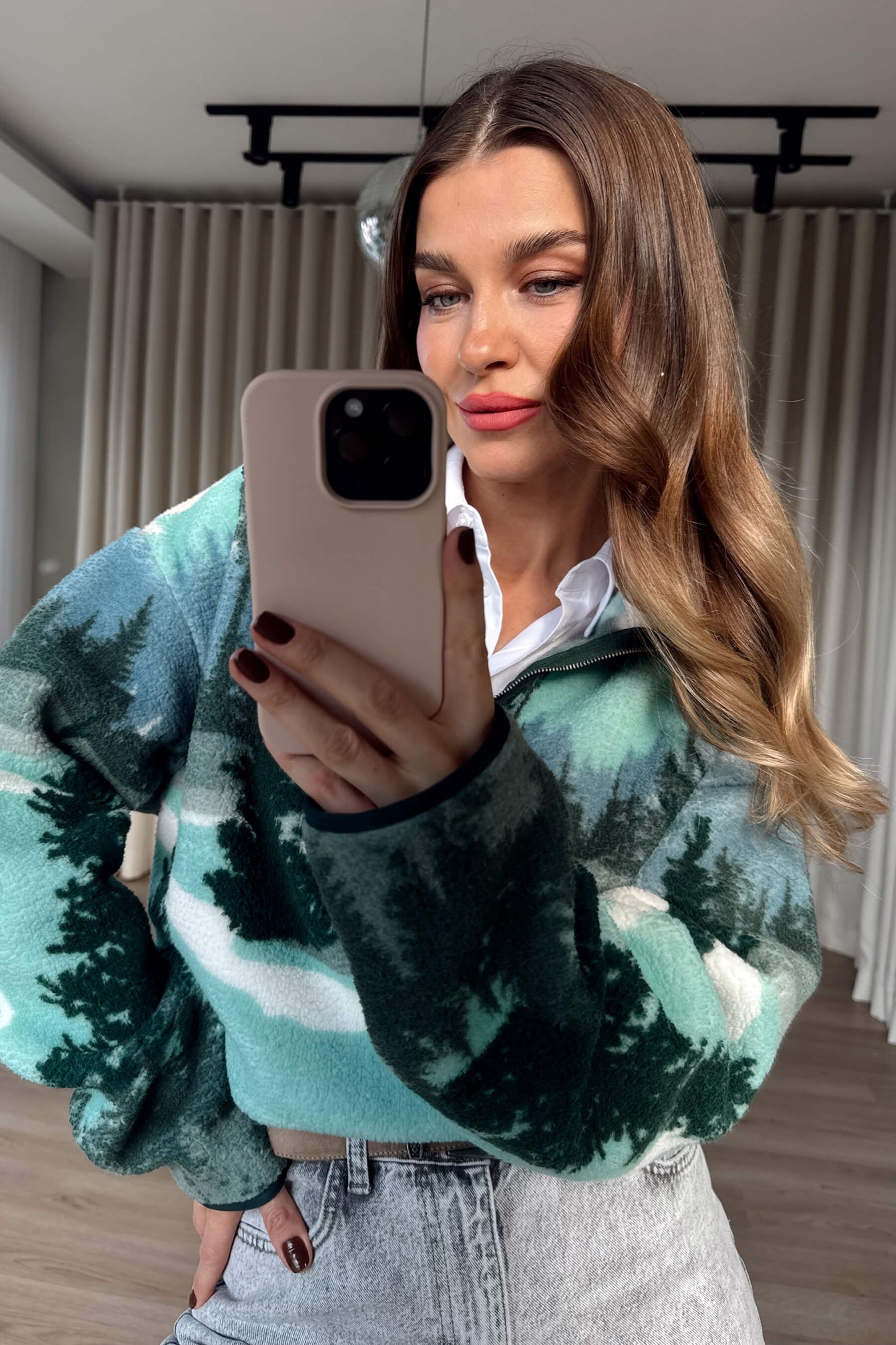 Mint Yarım Fermuarlı Oversize Peluş Sweatshirt