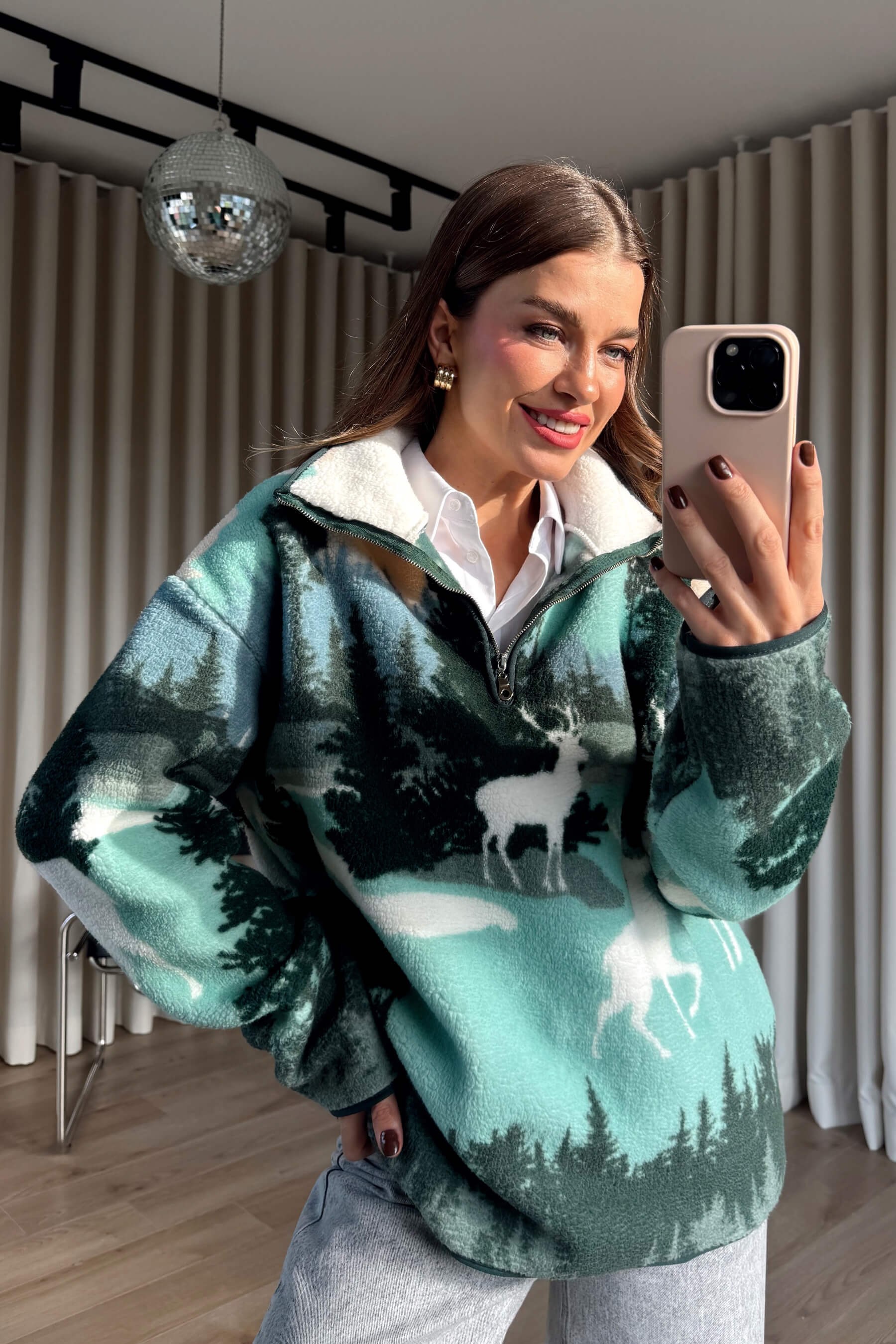 Mint Yarım Fermuarlı Oversize Peluş Sweatshirt